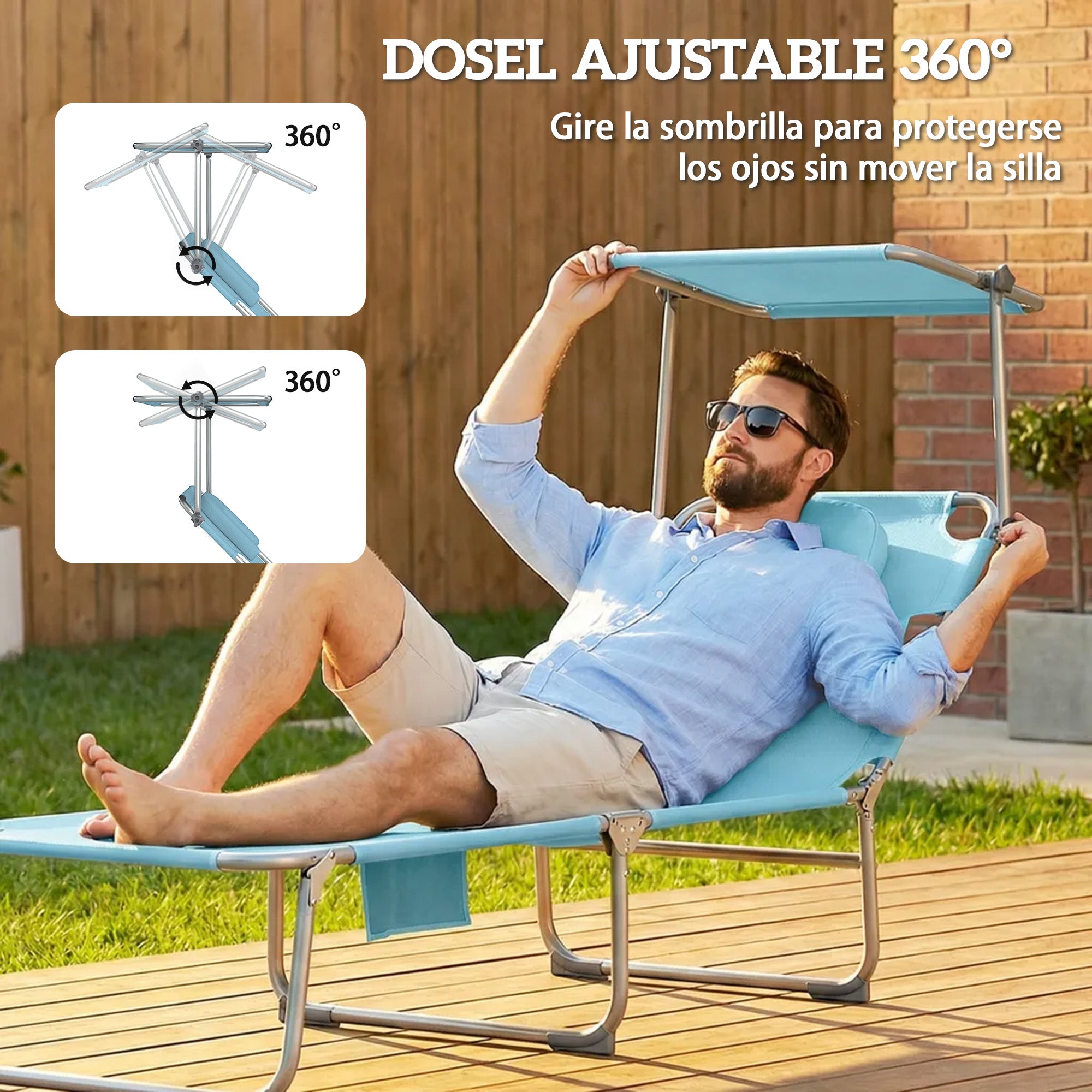 Outsunny Set de 2 Tumbonas Jardín Exterior, Tumbonas Plegables con Reposacabezas, Dosel 360°, Orificio Facial, Bolsillo Lateral, Respaldo Reclinable 5 Posiciones y Textilene 550 g/m² para Playa, Azul