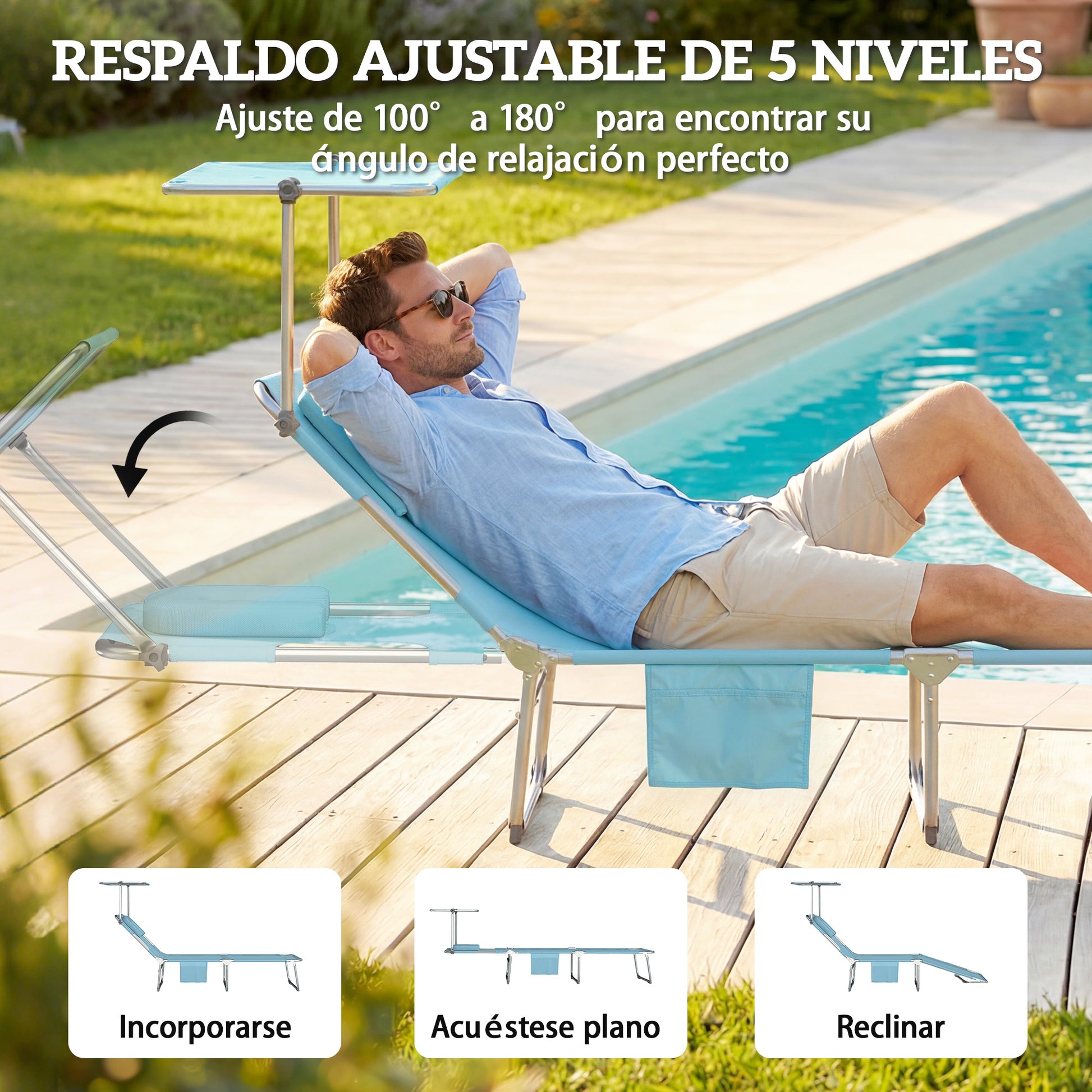 Outsunny Set de 2 Tumbonas Jardín Exterior, Tumbonas Plegables con Reposacabezas, Dosel 360°, Orificio Facial, Bolsillo Lateral, Respaldo Reclinable 5 Posiciones y Textilene 550 g/m² para Playa, Azul