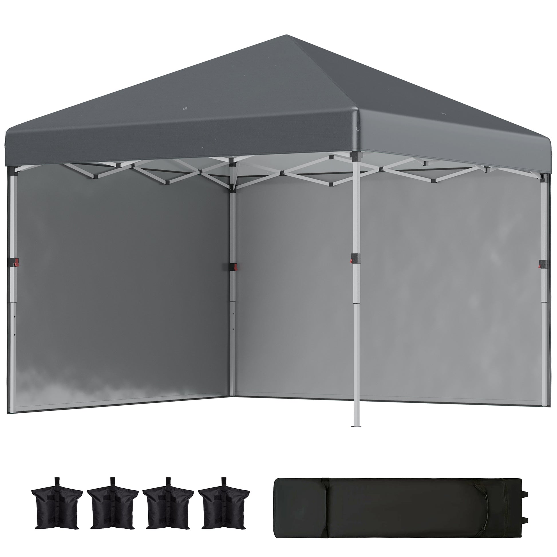 Outsunny Carpa Plegable Pop-up Gazebo 3x3 m Cenador Plegable con 2 Paredes Laterales Anti-UV Altura Ajustable en 3 Niveles Sacos de Arena y Bolsa de Transporte con Ruedas para Camping Gris Oscuro