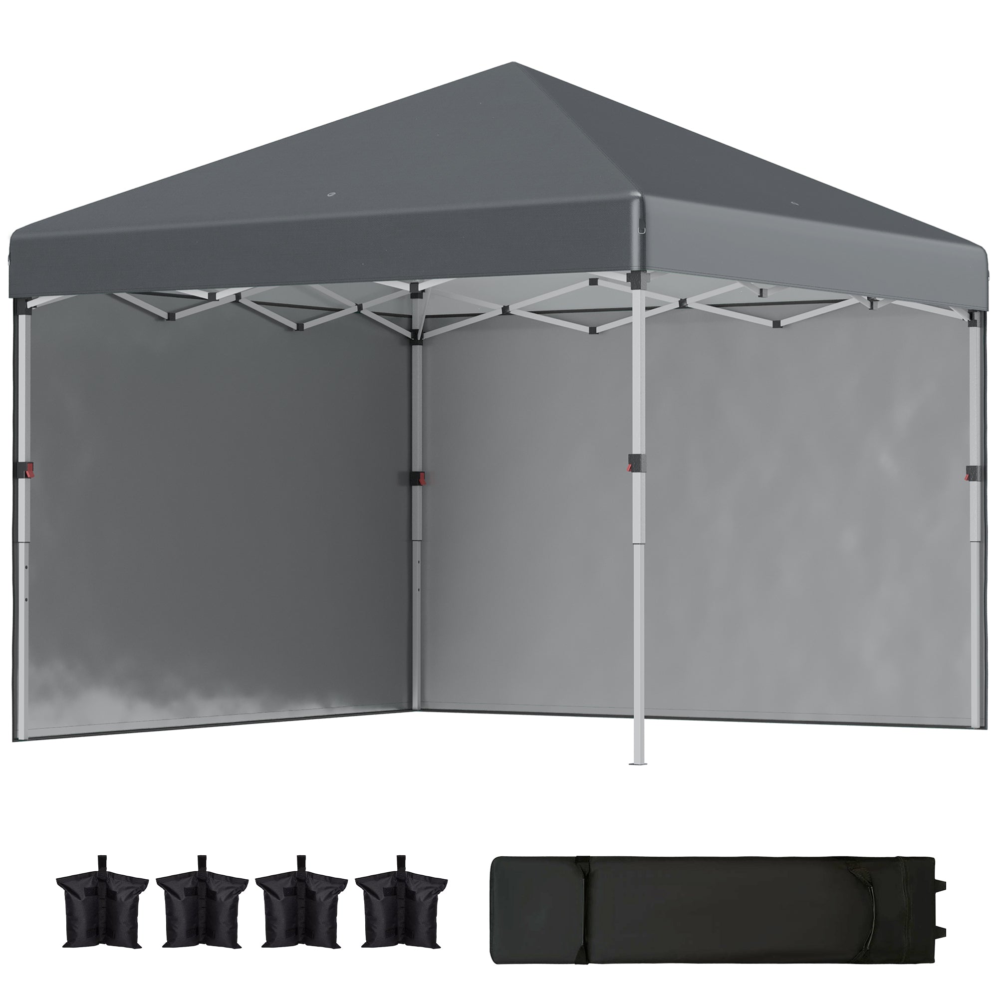 Outsunny Carpa Plegable Pop-up Gazebo 3x3 m Cenador Plegable con 2 Paredes Laterales Anti-UV Altura Ajustable en 3 Niveles Sacos de Arena y Bolsa de Transporte con Ruedas para Camping Gris Oscuro