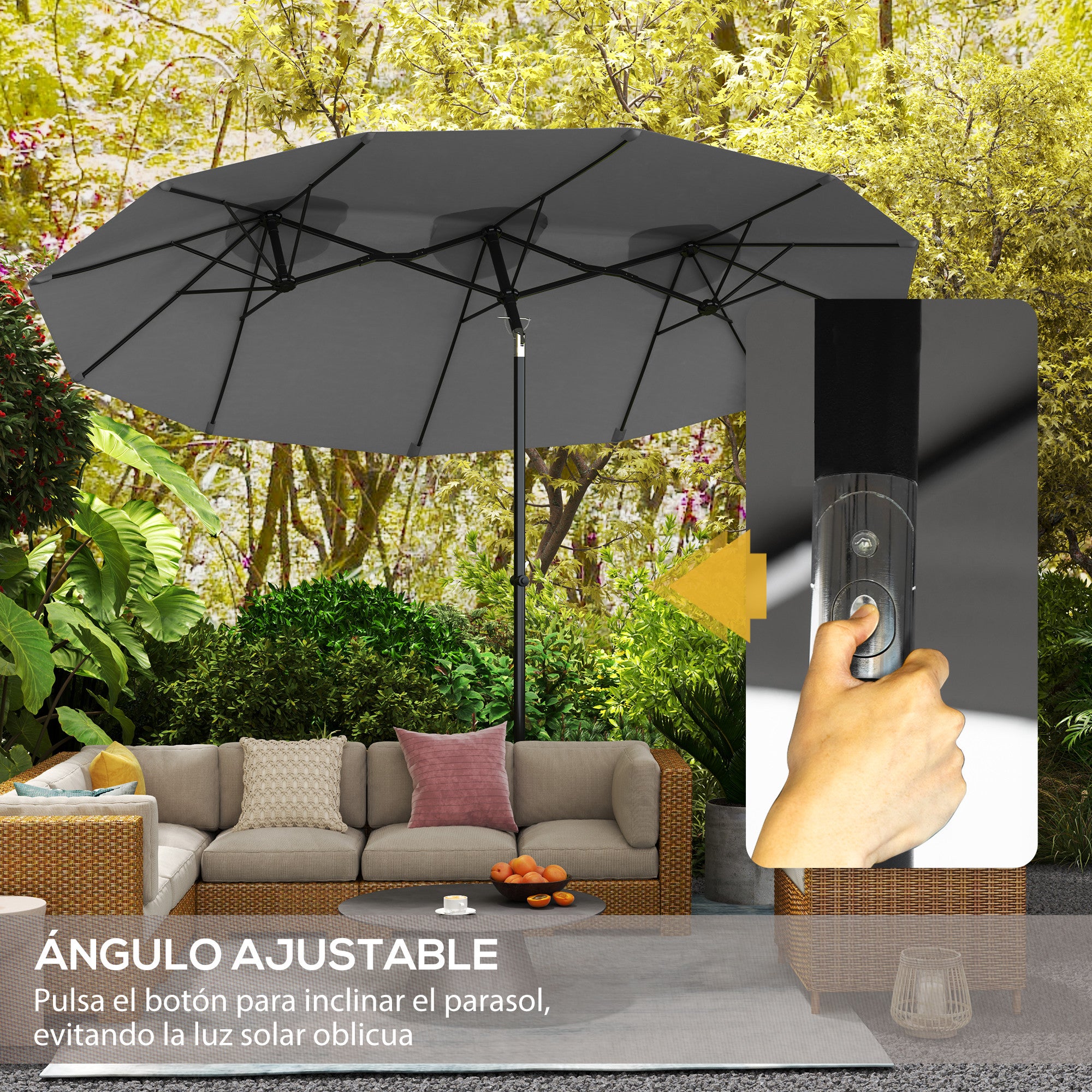 Outsunny Sombrilla Doble 2,95x1,52 m Sombrilla Terraza Exterior con Inclinación de 45° Manivela Manual y 3 Orificios de Ventilación Sombrilla Grande para Terraza Playa Piscina Gris