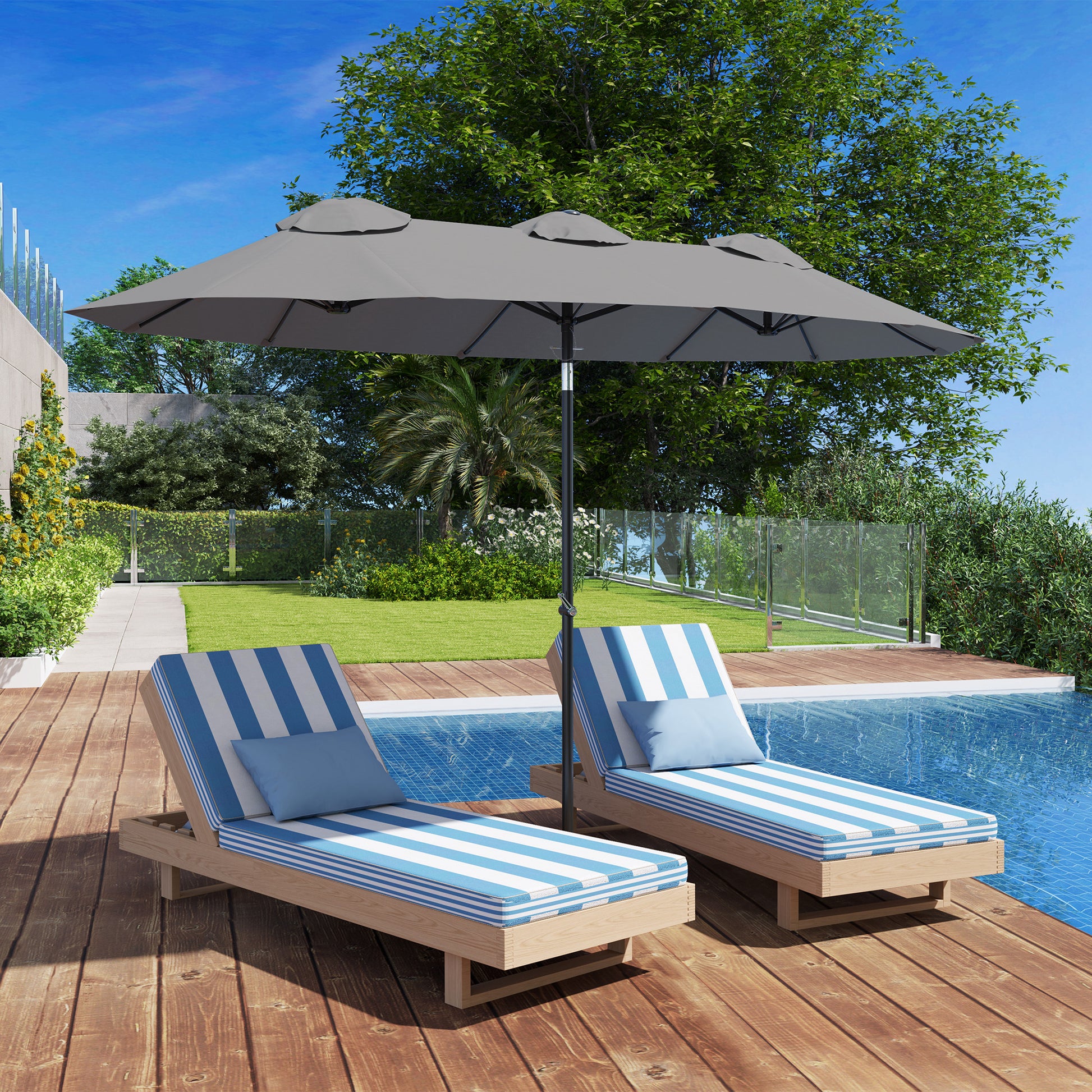 Outsunny Sombrilla Doble 2,95x1,52 m Sombrilla Terraza Exterior con Inclinación de 45° Manivela Manual y 3 Orificios de Ventilación Sombrilla Grande para Terraza Playa Piscina Gris