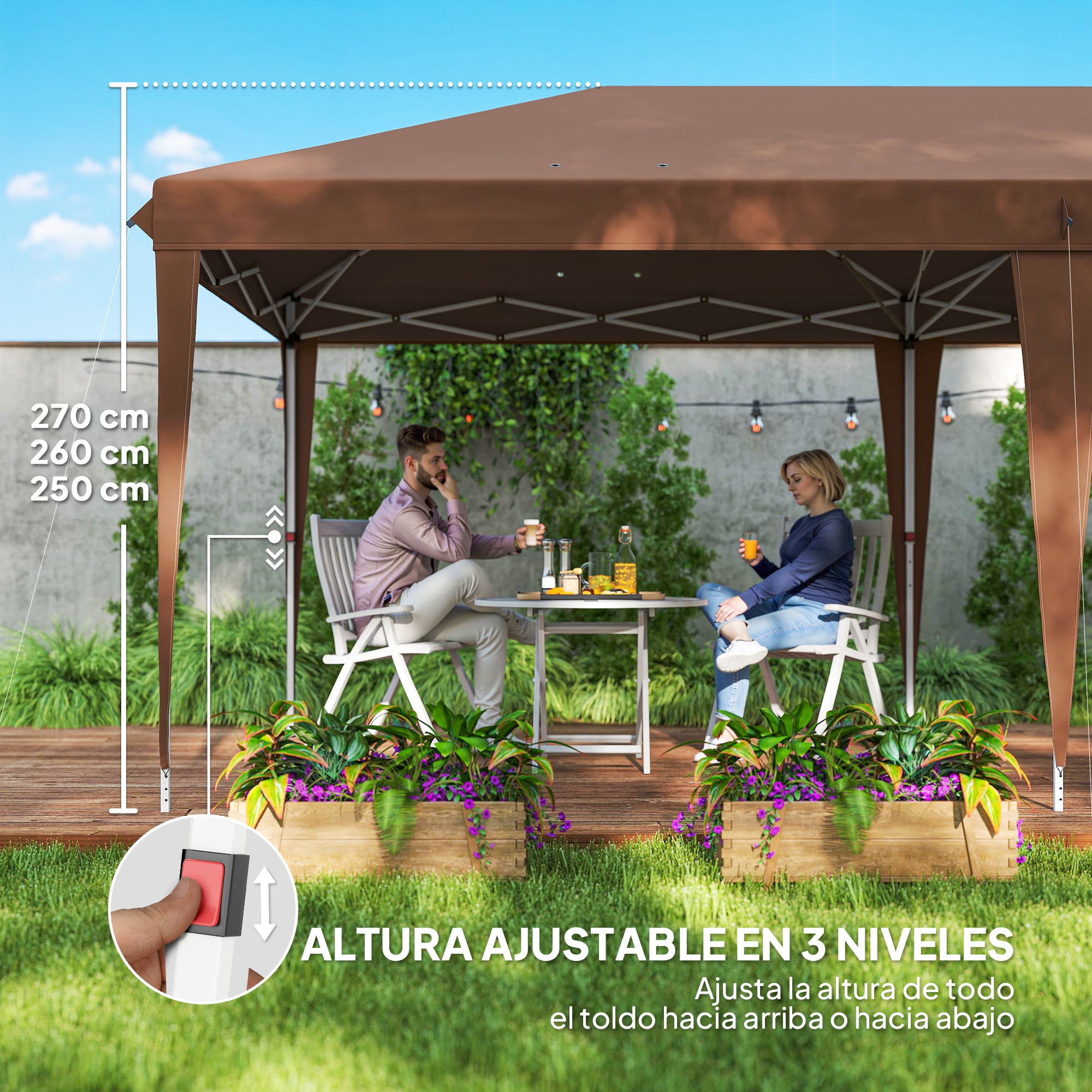 Outsunny Carpa Plegable Gazebo 6x3 m Pop-up, Cenador Plegable con Altura Ajustable en 3 Niveles Toldo Anti-UV y Bolsa de Transporte para Camping Fiestas Café