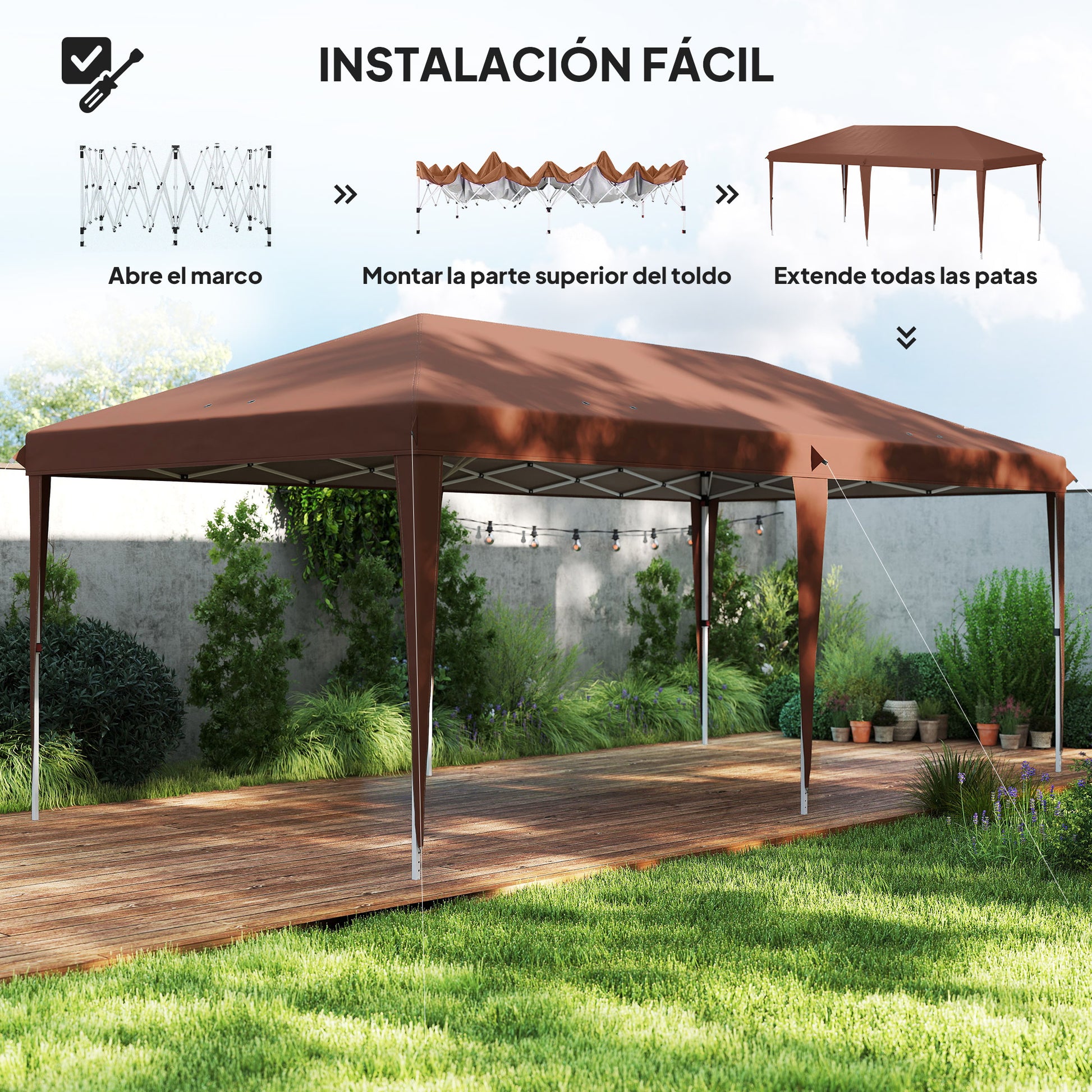Outsunny Carpa Plegable Gazebo 6x3 m Pop-up, Cenador Plegable con Altura Ajustable en 3 Niveles Toldo Anti-UV y Bolsa de Transporte para Camping Fiestas Café