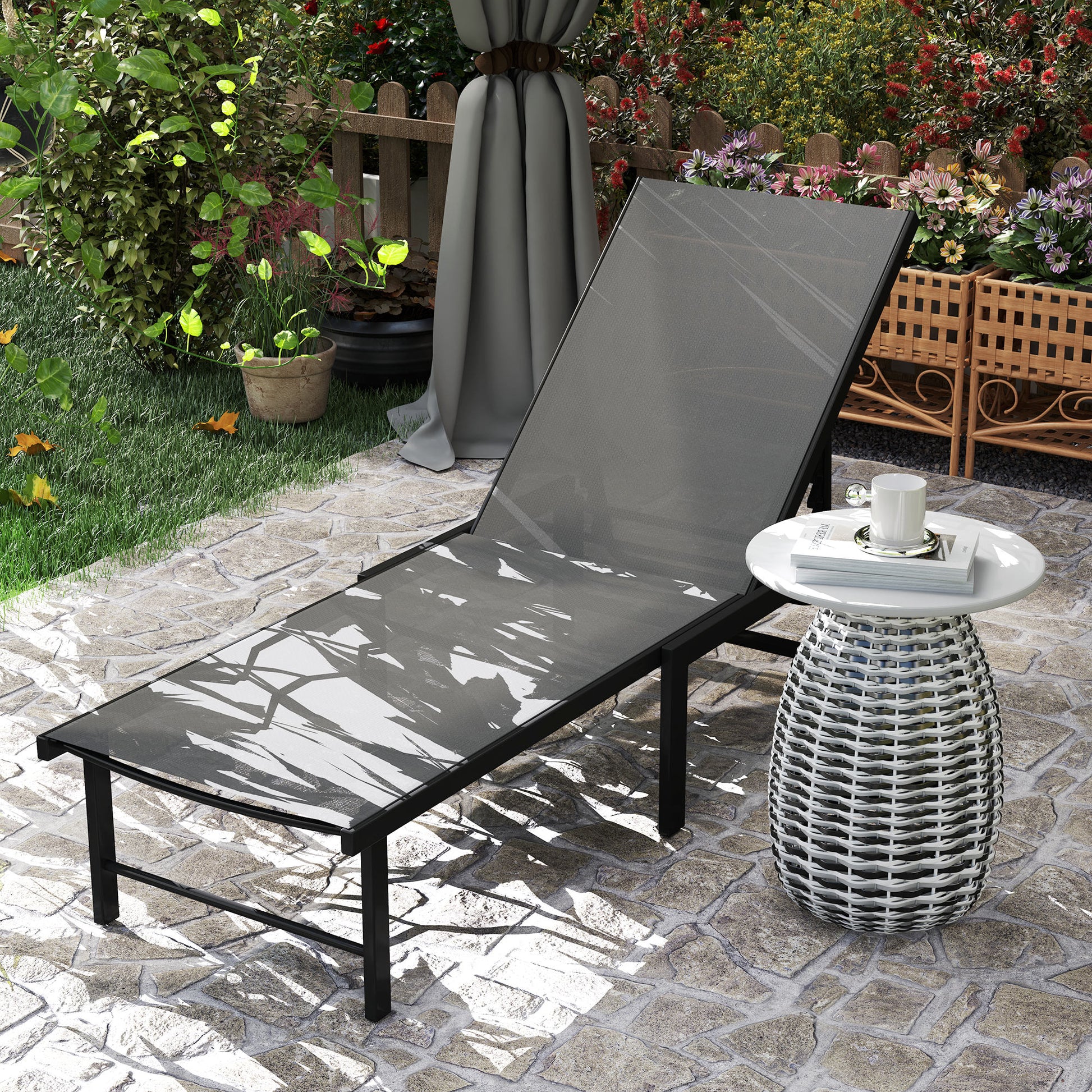Outsunny Tumbona Jardín Exterior, Tumbona Reclinable con Respaldo Ajustable en 5 Niveles y Estructura de Acero, Impermeable, Carga 120 kg, para Patio, Terraza, Balcón, 166x60x84 cm, Gris