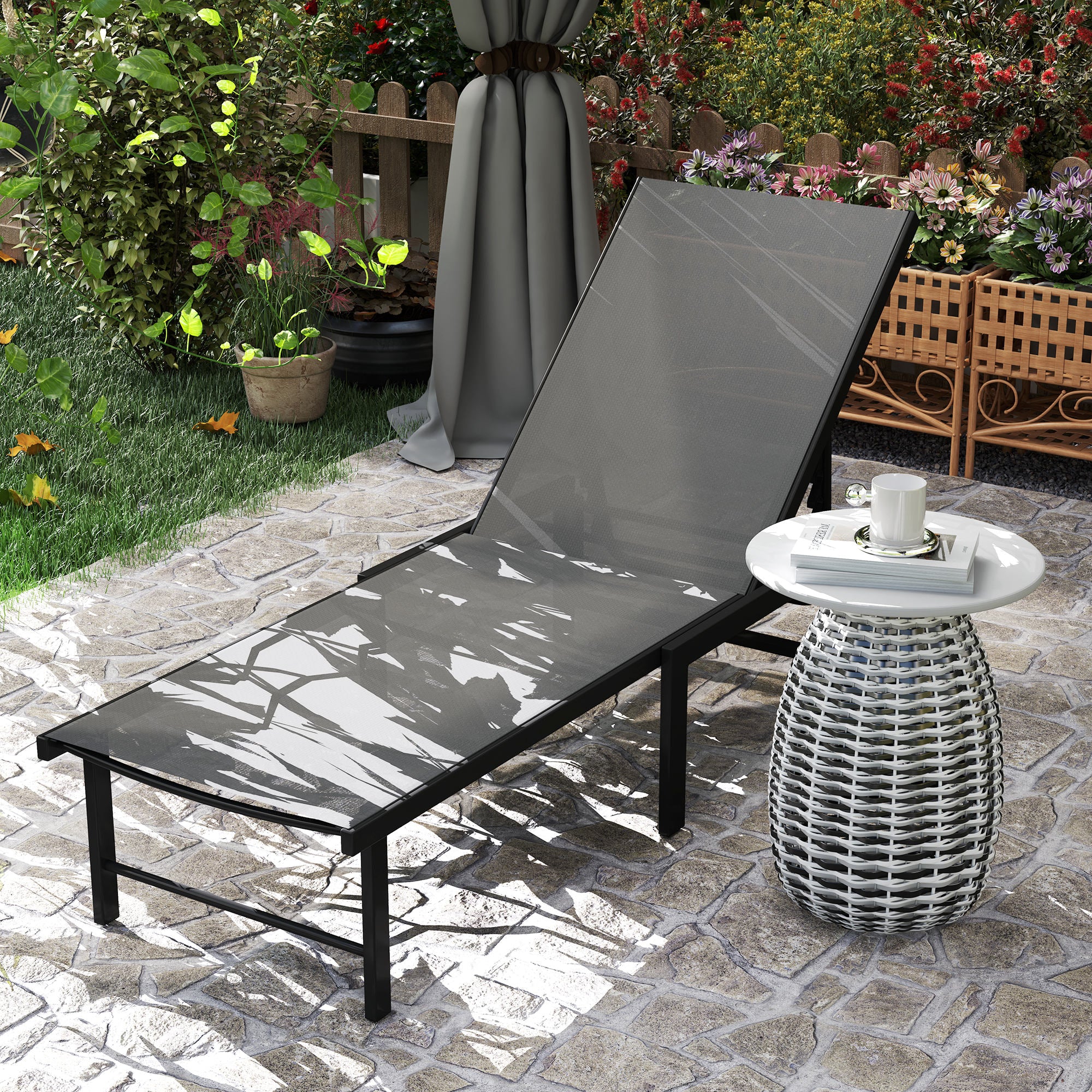 Outsunny Tumbona Jardín Exterior, Tumbona Reclinable con Respaldo Ajustable en 5 Niveles y Estructura de Acero, Impermeable, Carga 120 kg, para Patio, Terraza, Balcón, 166x60x84 cm, Gris