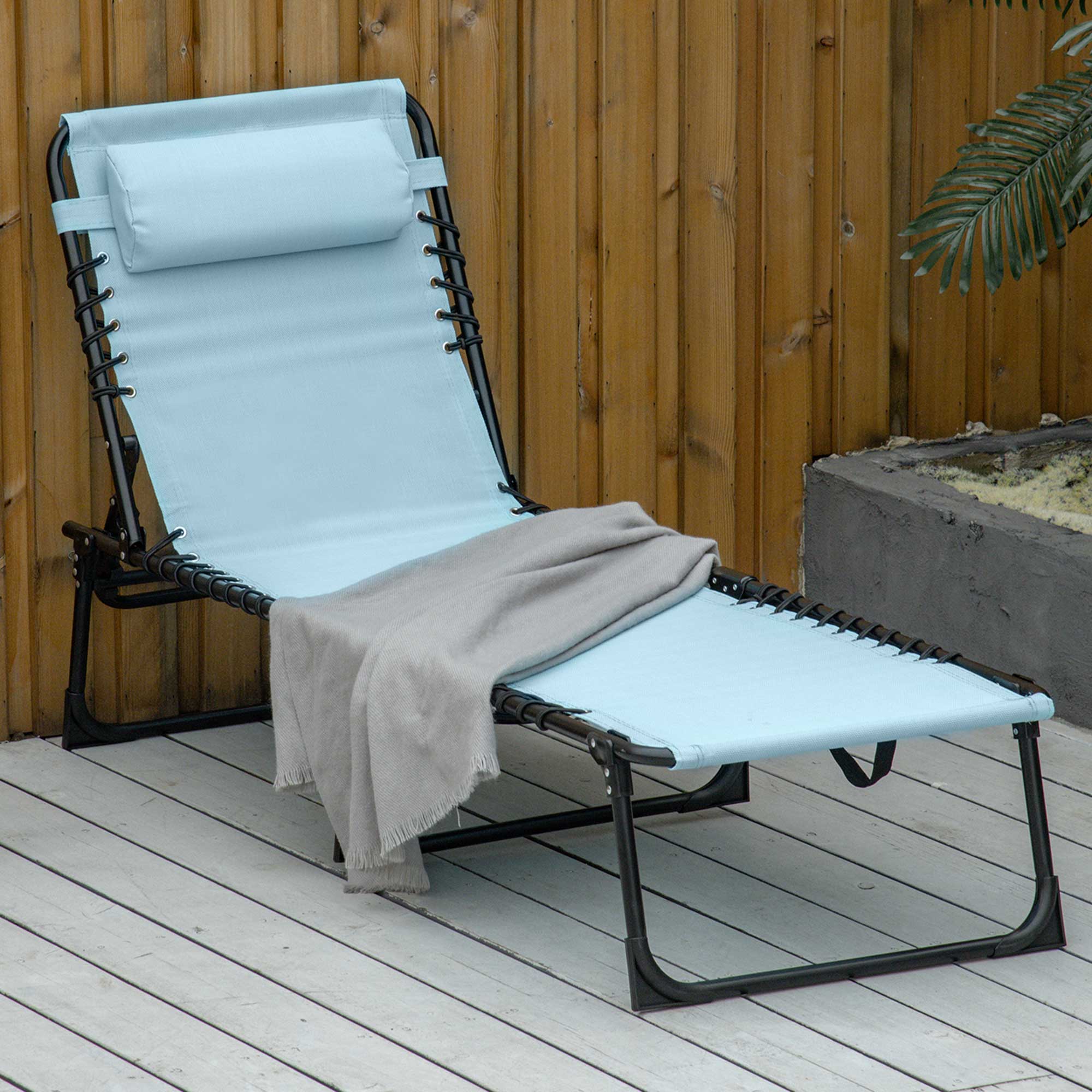 Outsunny Tumbona Plegable, Tumbona Jardín Exterior Reclinable 4 Posiciones con Reposacabezas y Marco de Acero, Carga 120 kg, para Terraza, Piscina, Playa, 189x58x30 cm, Verde Azulado