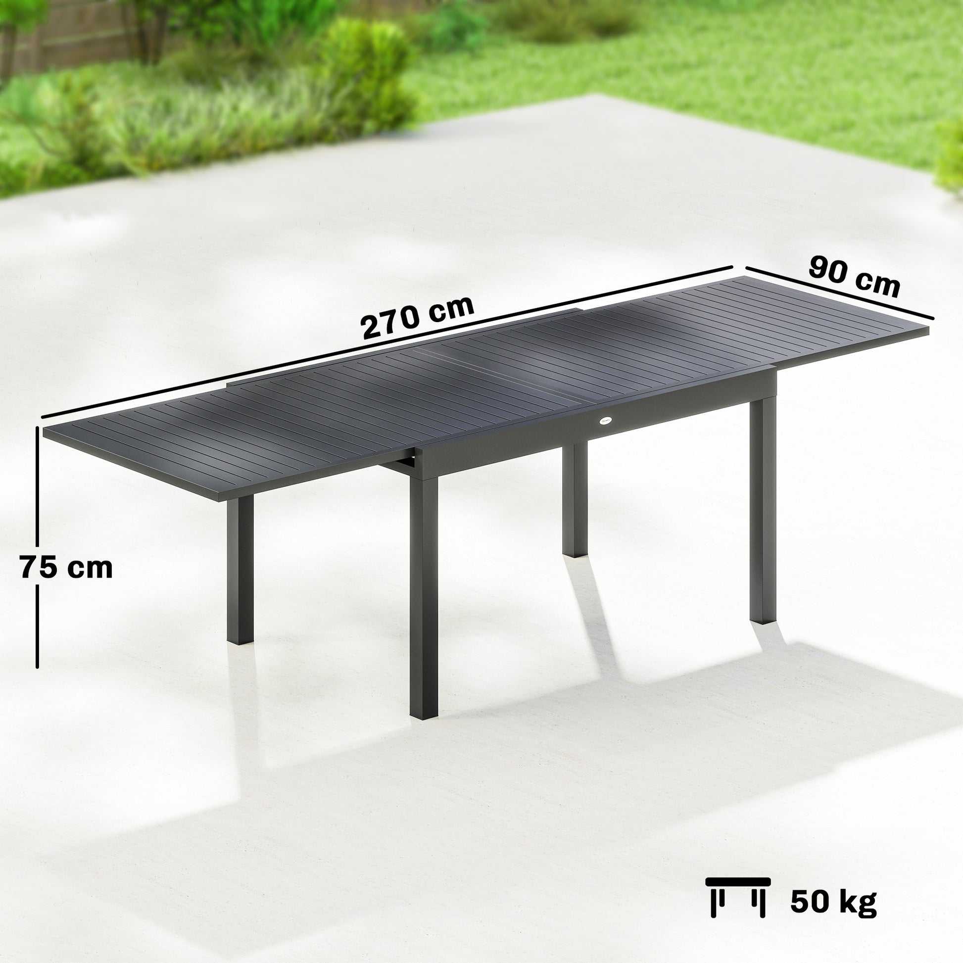 Outsunny Mesa de Jardín Extensible 135/270x90 cm, Mesa de Comedor Exterior Extensible Rectangular de Aluminio, con Superficie de Lamas para 6-10 Personas, para Patio, Terraza, Gris Oscuro