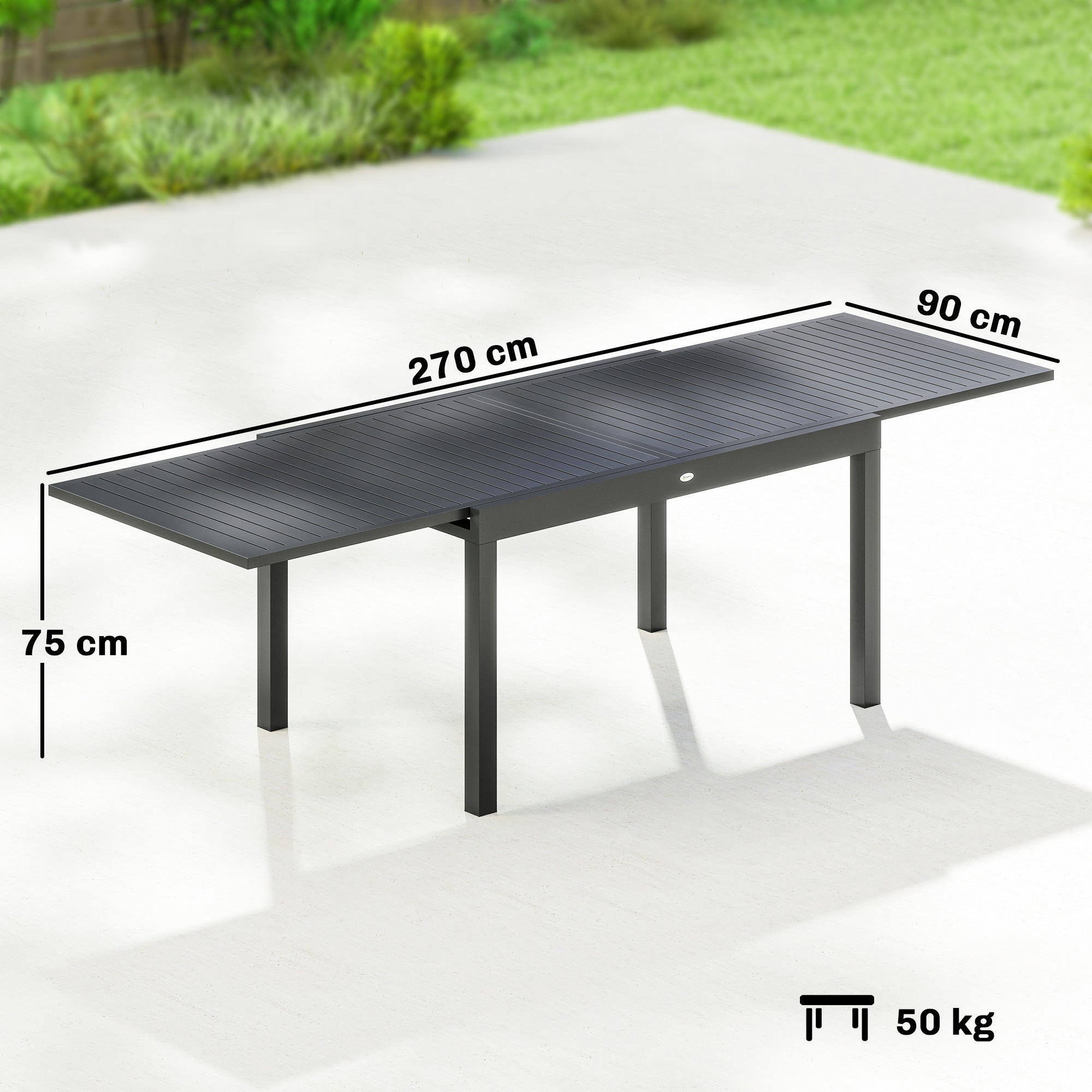 Outsunny Mesa de Jardín Extensible 135/270x90 cm, Mesa de Comedor Exterior Extensible Rectangular de Aluminio, con Superficie de Lamas para 6-10 Personas, para Patio, Terraza, Gris Oscuro