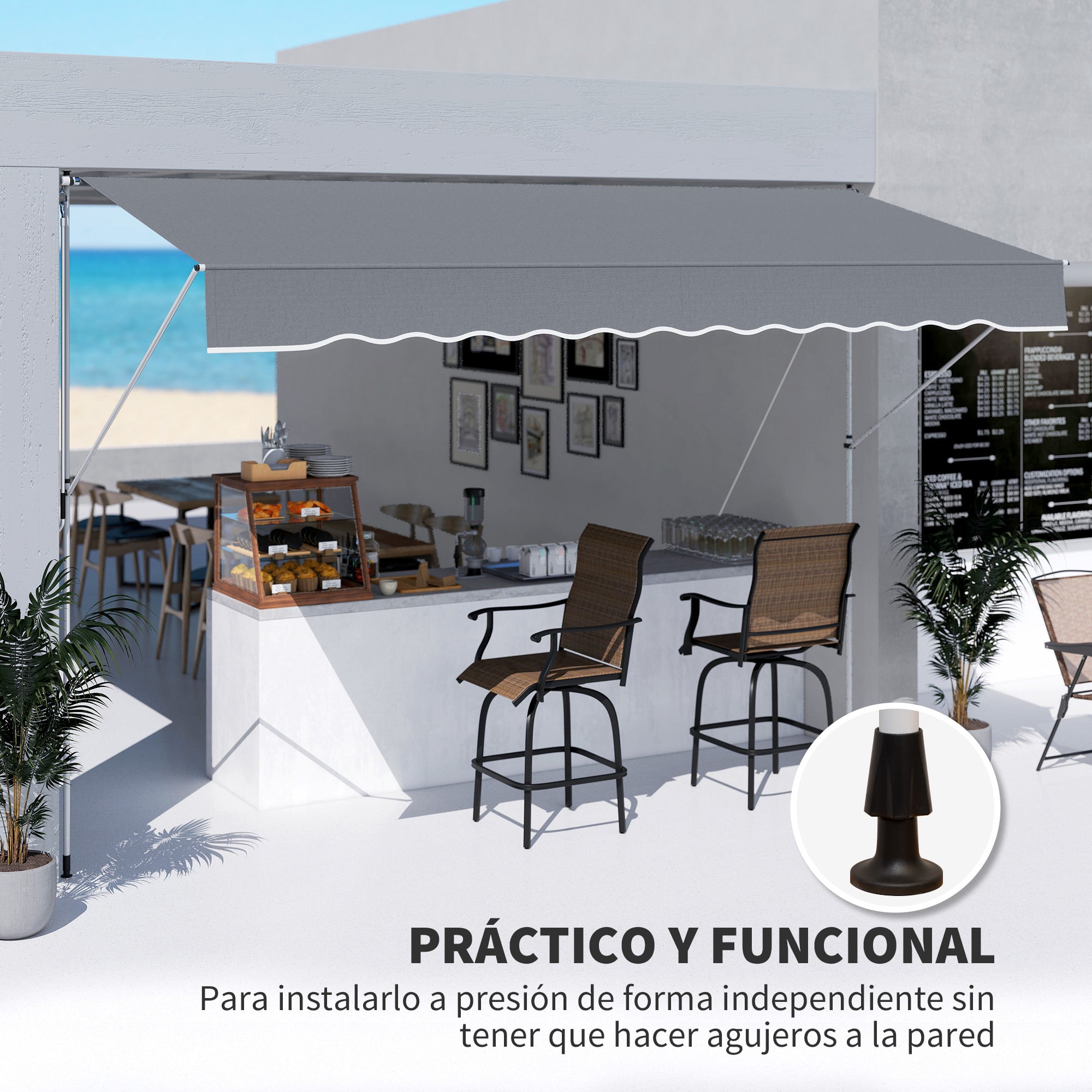 Outsunny Toldo Manual Retráctil 4x1,2 m, Toldo Exterior Terraza Enrollable, Altura Ajustable 170-280 cm, con Manivela, Anti-UV e Impermeable, Sin Taladro, para Balcón, Jardín, Gris Oscuro