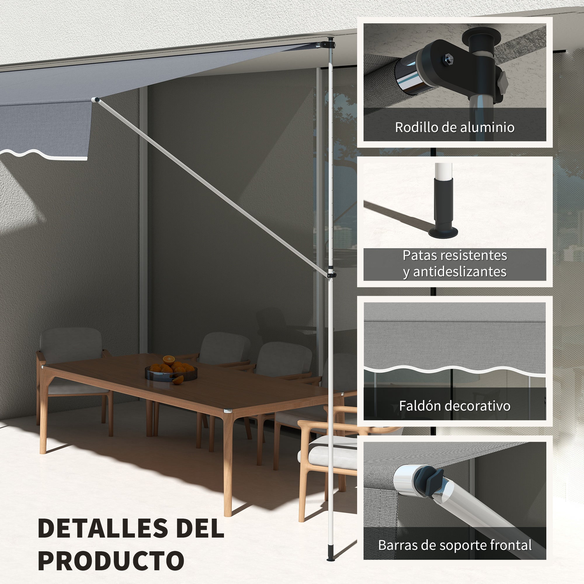 Outsunny Toldo Manual Retráctil 4x1,2 m, Toldo Exterior Terraza Enrollable, Altura Ajustable 170-280 cm, con Manivela, Anti-UV e Impermeable, Sin Taladro, para Balcón, Jardín, Gris Oscuro