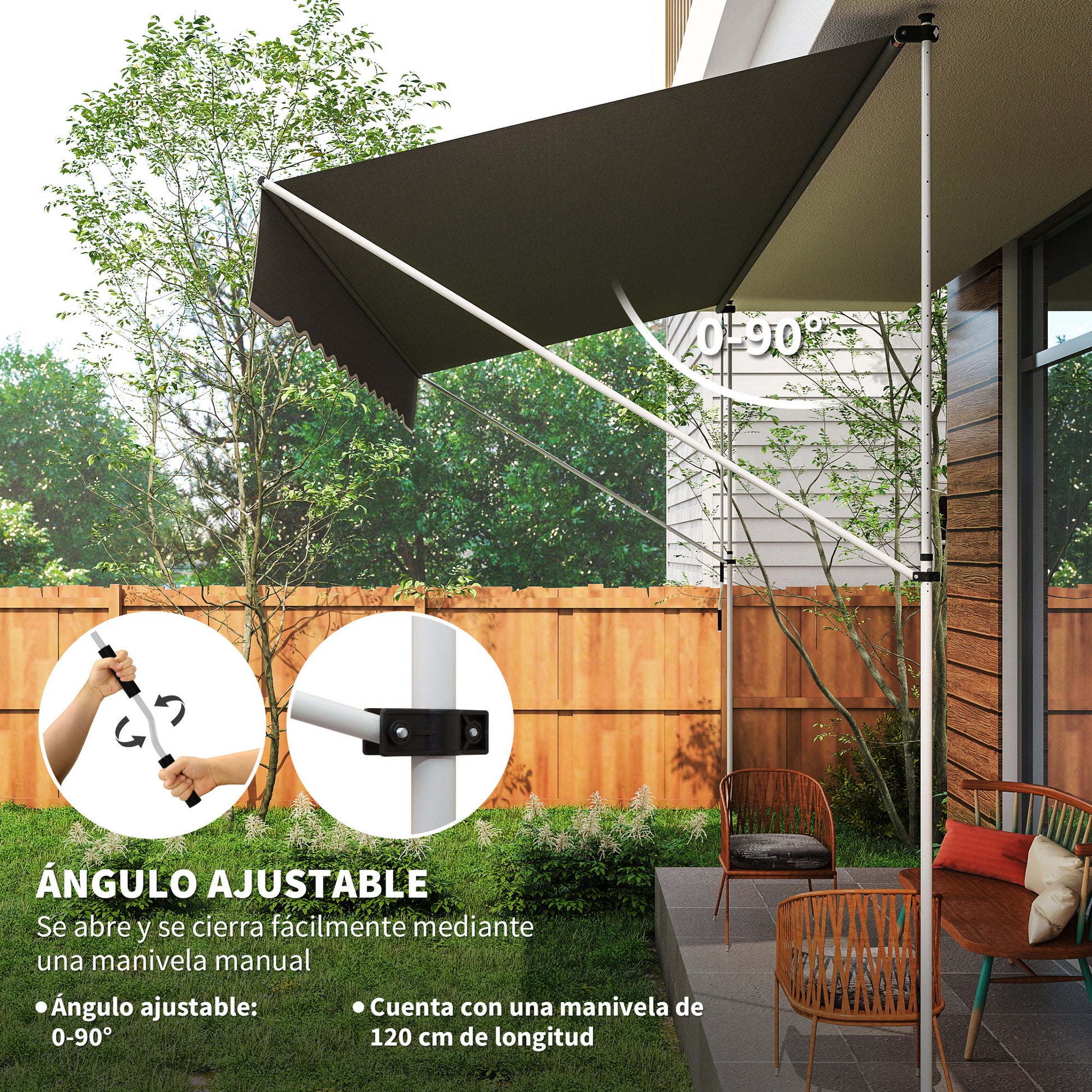 Outsunny Toldo Manual Retráctil 4x1,2 m, Toldo Exterior Terraza Enrollable, Altura Ajustable 170-280 cm, con Manivela, Anti-UV e Impermeable, Sin Taladro, para Balcón, Jardín, Gris Oscuro