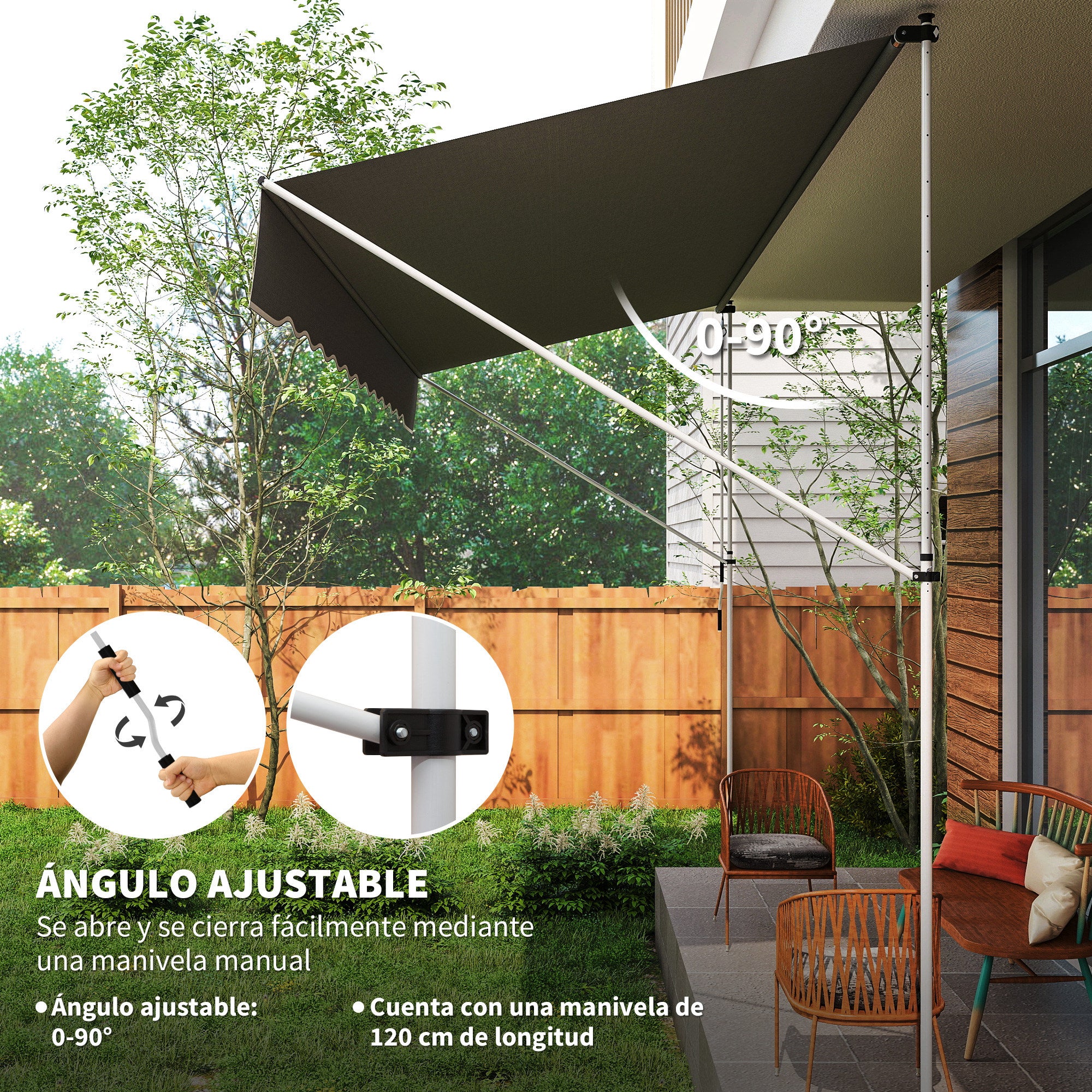Outsunny Toldo Manual Retráctil 4x1,2 m, Toldo Exterior Terraza Enrollable, Altura Ajustable 170-280 cm, con Manivela, Anti-UV e Impermeable, Sin Taladro, para Balcón, Jardín, Gris Oscuro