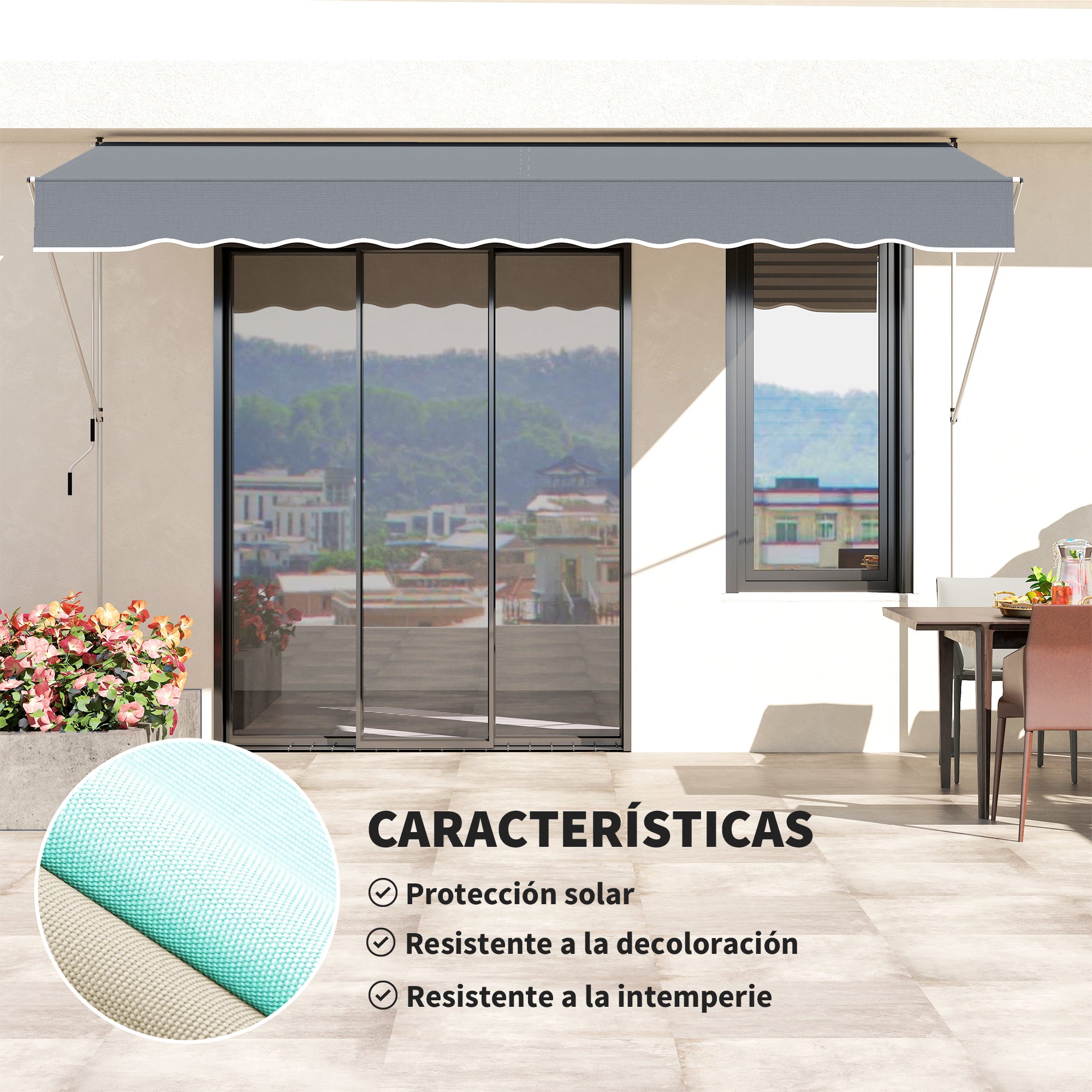 Outsunny Toldo Manual Retráctil 4x1,2 m, Toldo Exterior Terraza Enrollable, Altura Ajustable 170-280 cm, con Manivela, Anti-UV e Impermeable, Sin Taladro, para Balcón, Jardín, Gris Oscuro