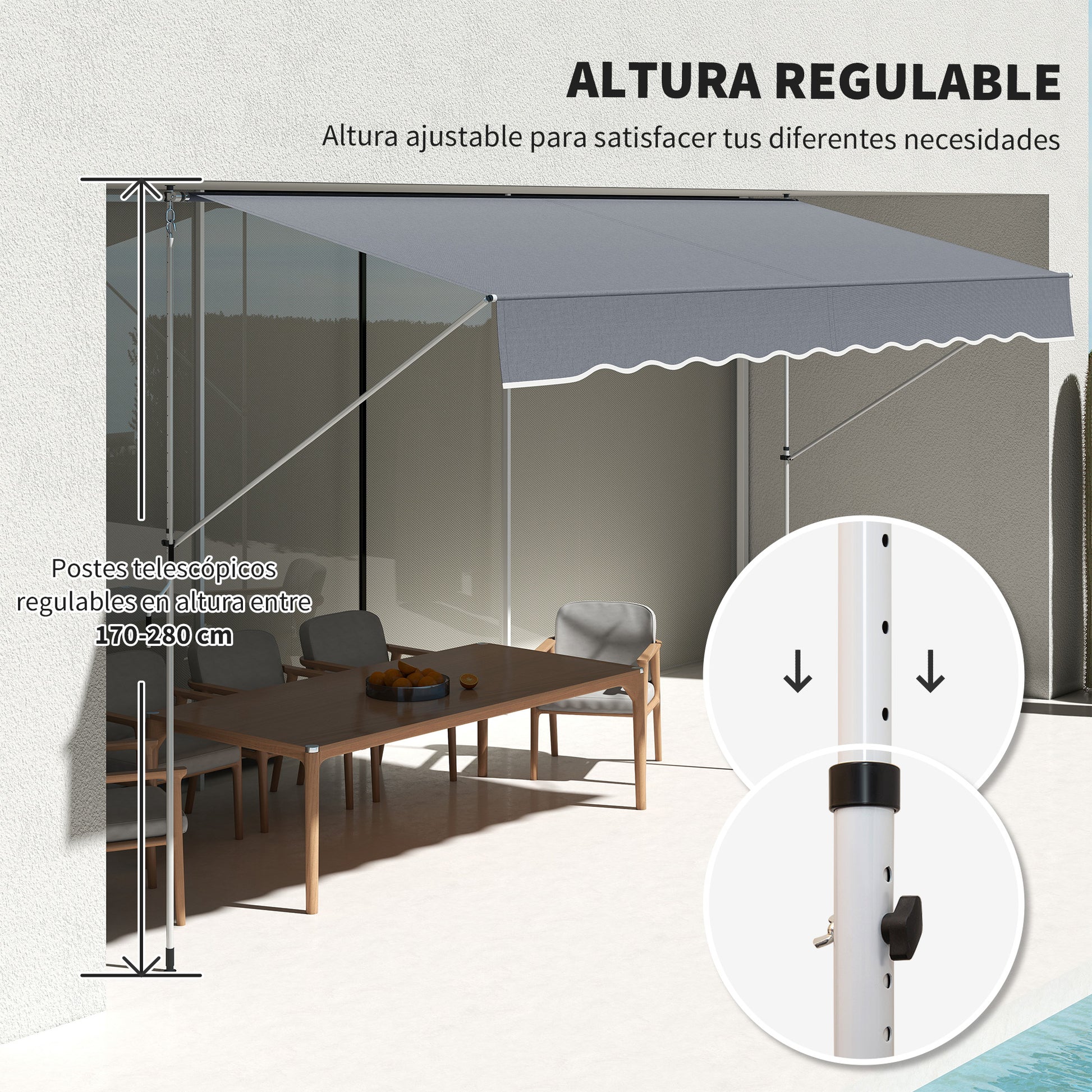 Outsunny Toldo Manual Retráctil 4x1,2 m, Toldo Exterior Terraza Enrollable, Altura Ajustable 170-280 cm, con Manivela, Anti-UV e Impermeable, Sin Taladro, para Balcón, Jardín, Gris Oscuro