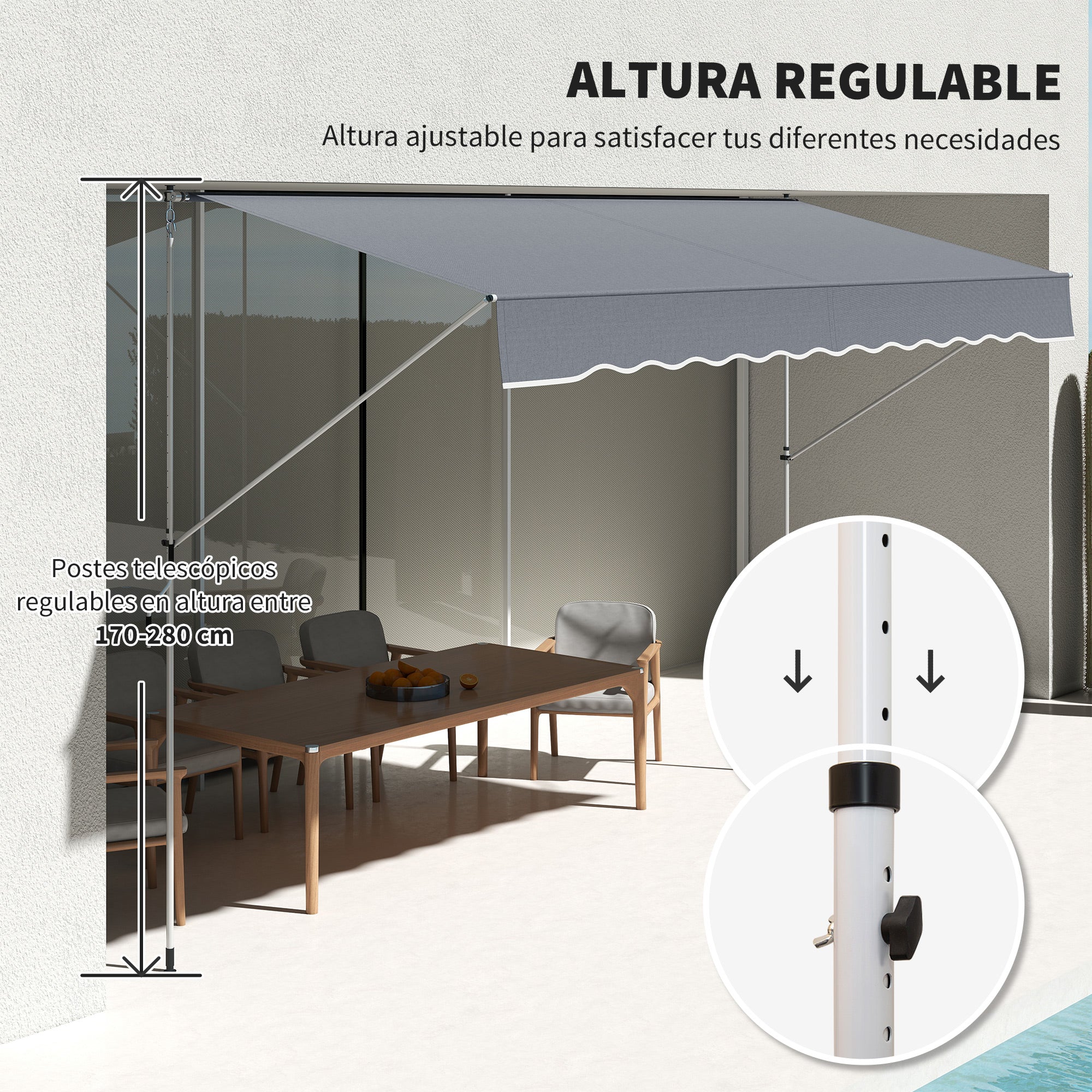 Outsunny Toldo Manual Retráctil 4x1,2 m, Toldo Exterior Terraza Enrollable, Altura Ajustable 170-280 cm, con Manivela, Anti-UV e Impermeable, Sin Taladro, para Balcón, Jardín, Gris Oscuro