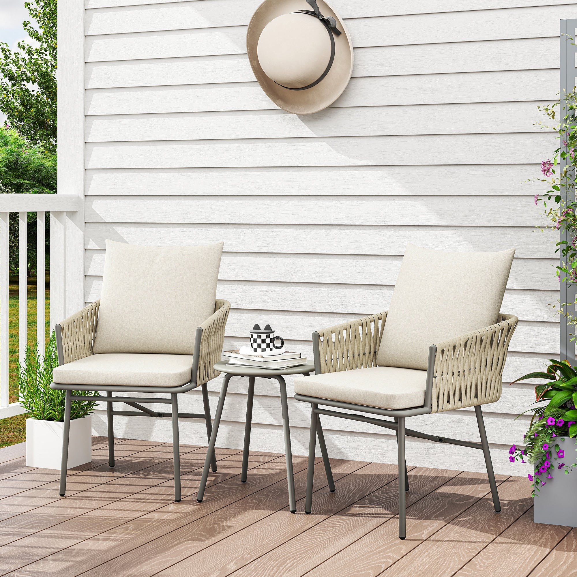 Outsunny Conjunto de Jardín Exterior de 3 Piezas Muebles de Jardín con 2 Sillas con Cojines Extraíbles Lavables y Mesa Terraza con Tablero de Metal Impermeable Anti-UV para Balcón Patio Gris y Crema