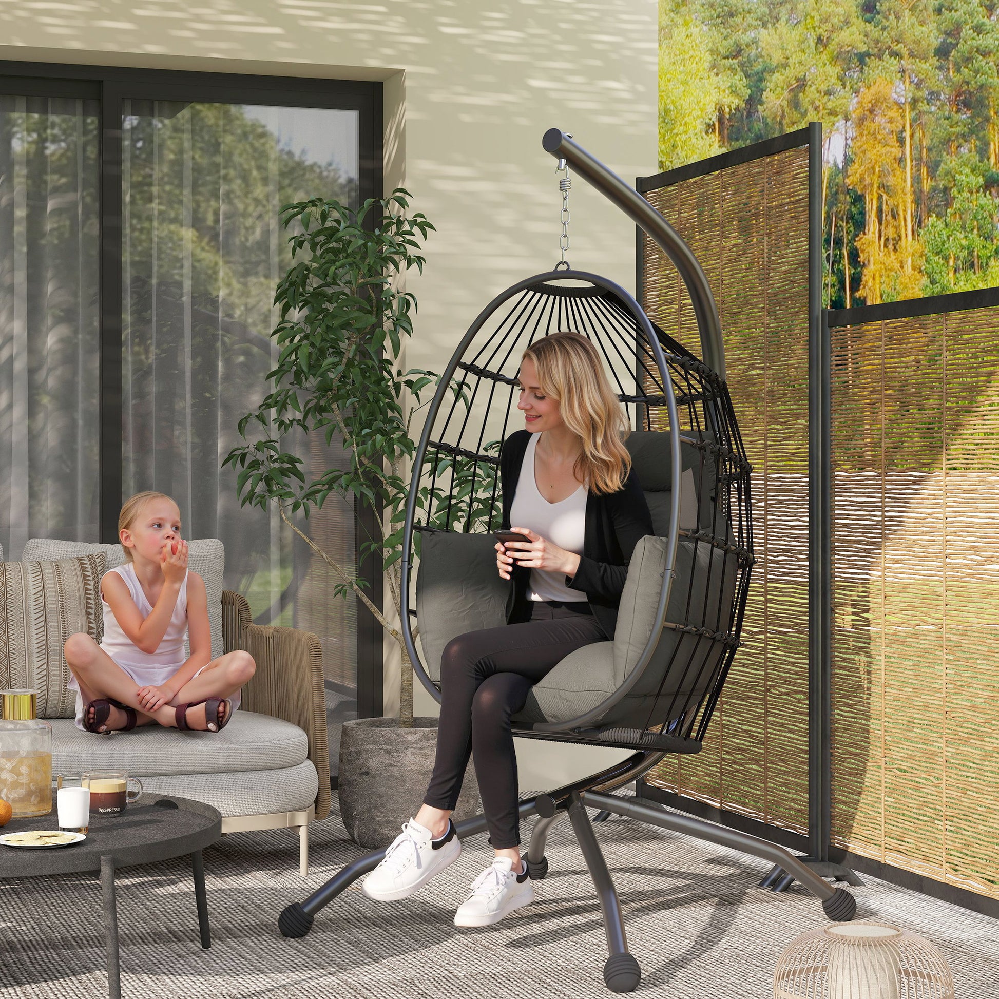 Outsunny Silla Colgante Huevo con Soporte Columpio Jardín Exterior con Cesta Plegable Cojín y Reposacabezas Columpio Colgante para Interior y Exterior Carga 120 kg Negro