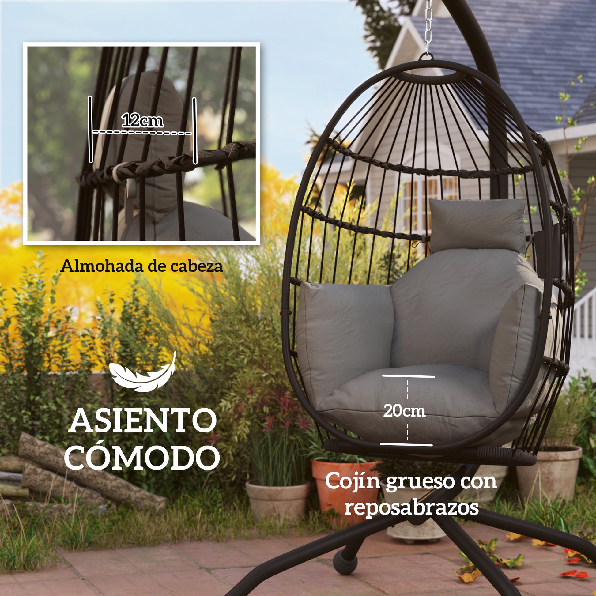 Outsunny Silla Colgante Huevo con Soporte Columpio Jardín Exterior con Cesta Plegable Cojín y Reposacabezas Columpio Colgante para Interior y Exterior Carga 120 kg Negro