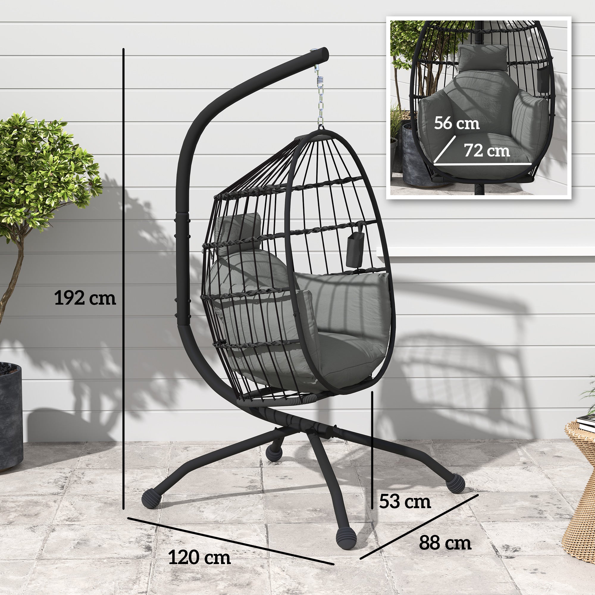 Outsunny Silla Colgante Huevo con Soporte Columpio Jardín Exterior con Cesta Plegable Cojín y Reposacabezas Columpio Colgante para Interior y Exterior Carga 120 kg Negro