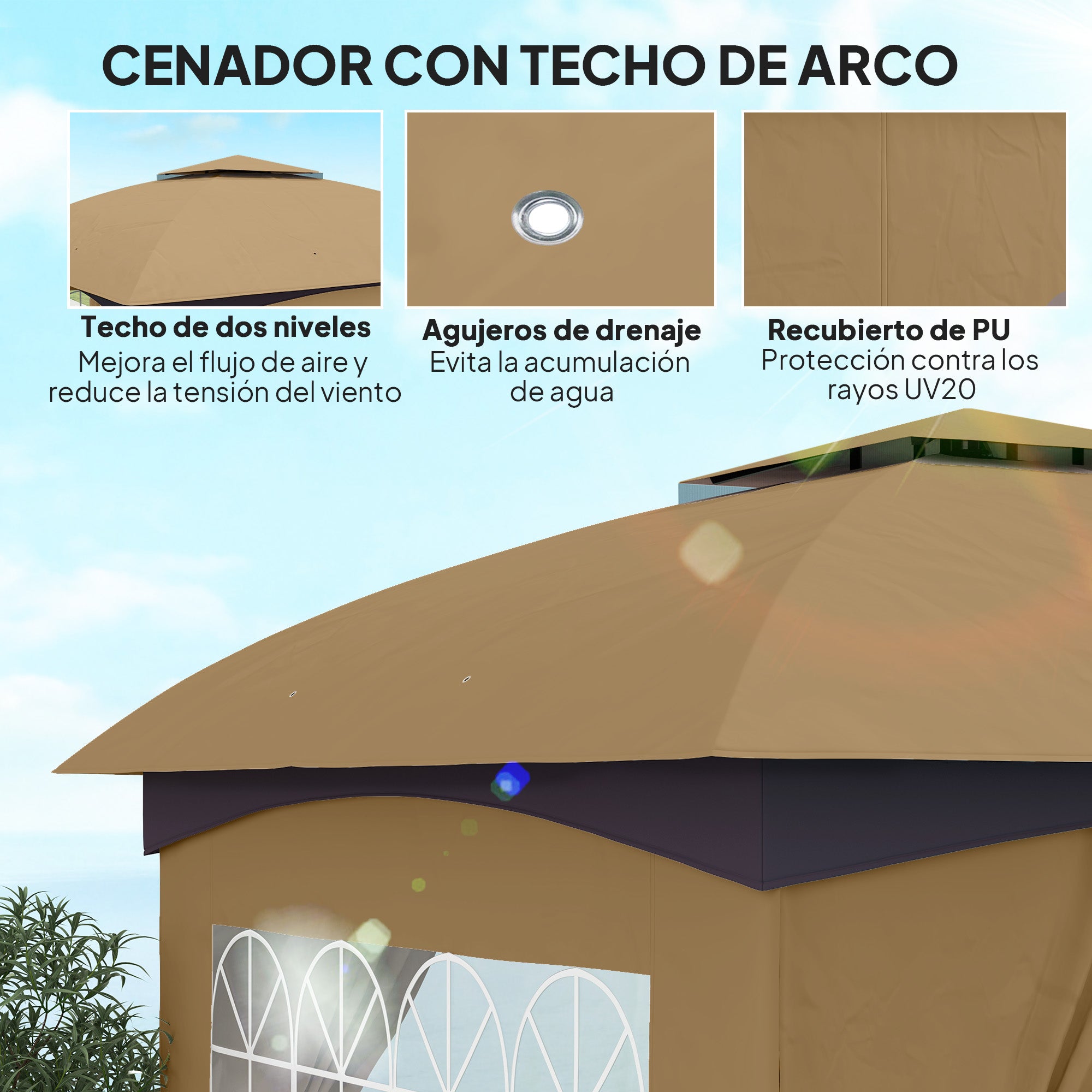 Outsunny Cenador para Jardín 3,4x3,4 m Pérgola de Jardín Gazebo con Doble Techo Paredes Laterales Anti-UV y Ventanas Carpa para Exterior Terraza Patio Beige