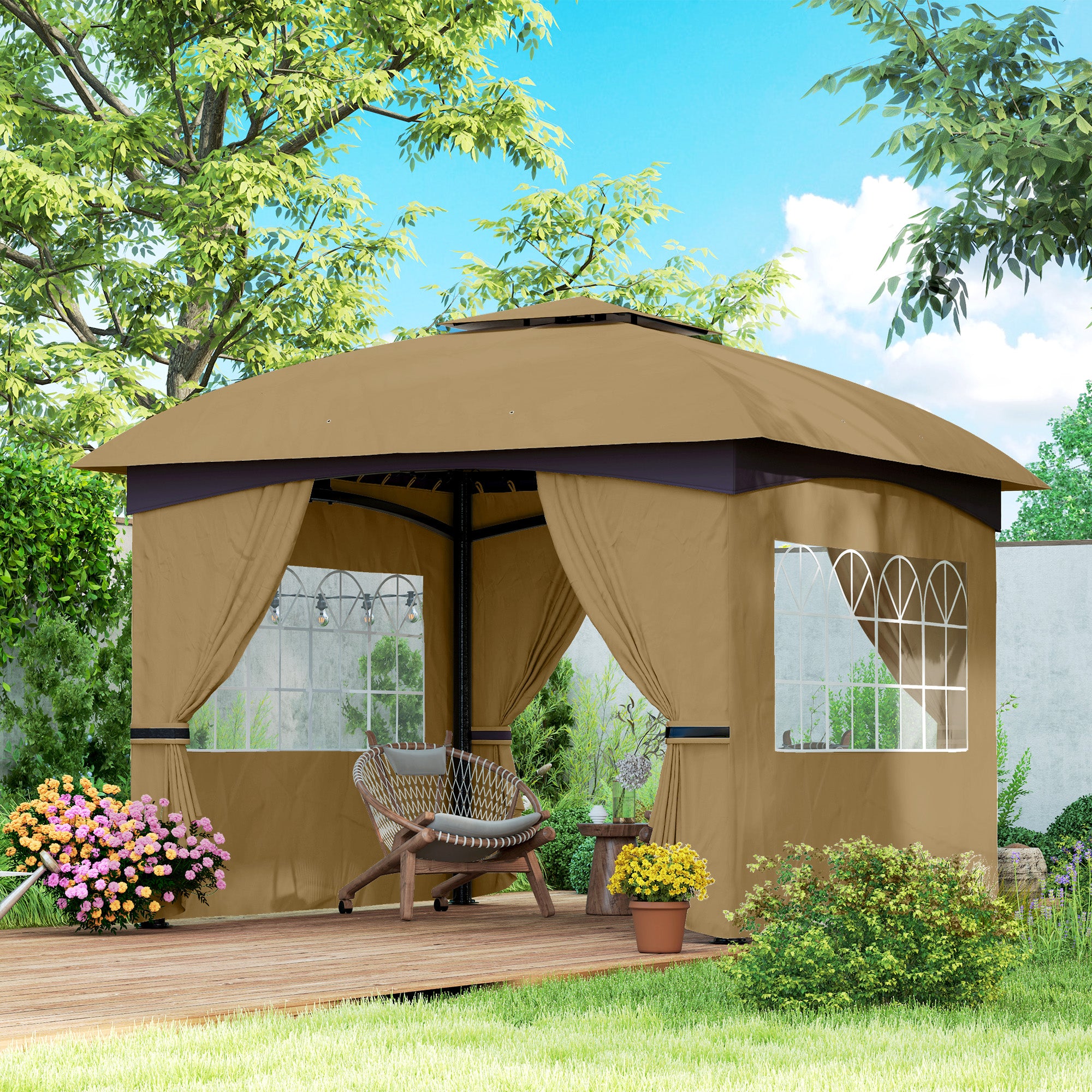 Outsunny Cenador para Jardín 3,4x3,4 m Pérgola de Jardín Gazebo con Doble Techo Paredes Laterales Anti-UV y Ventanas Carpa para Exterior Terraza Patio Beige