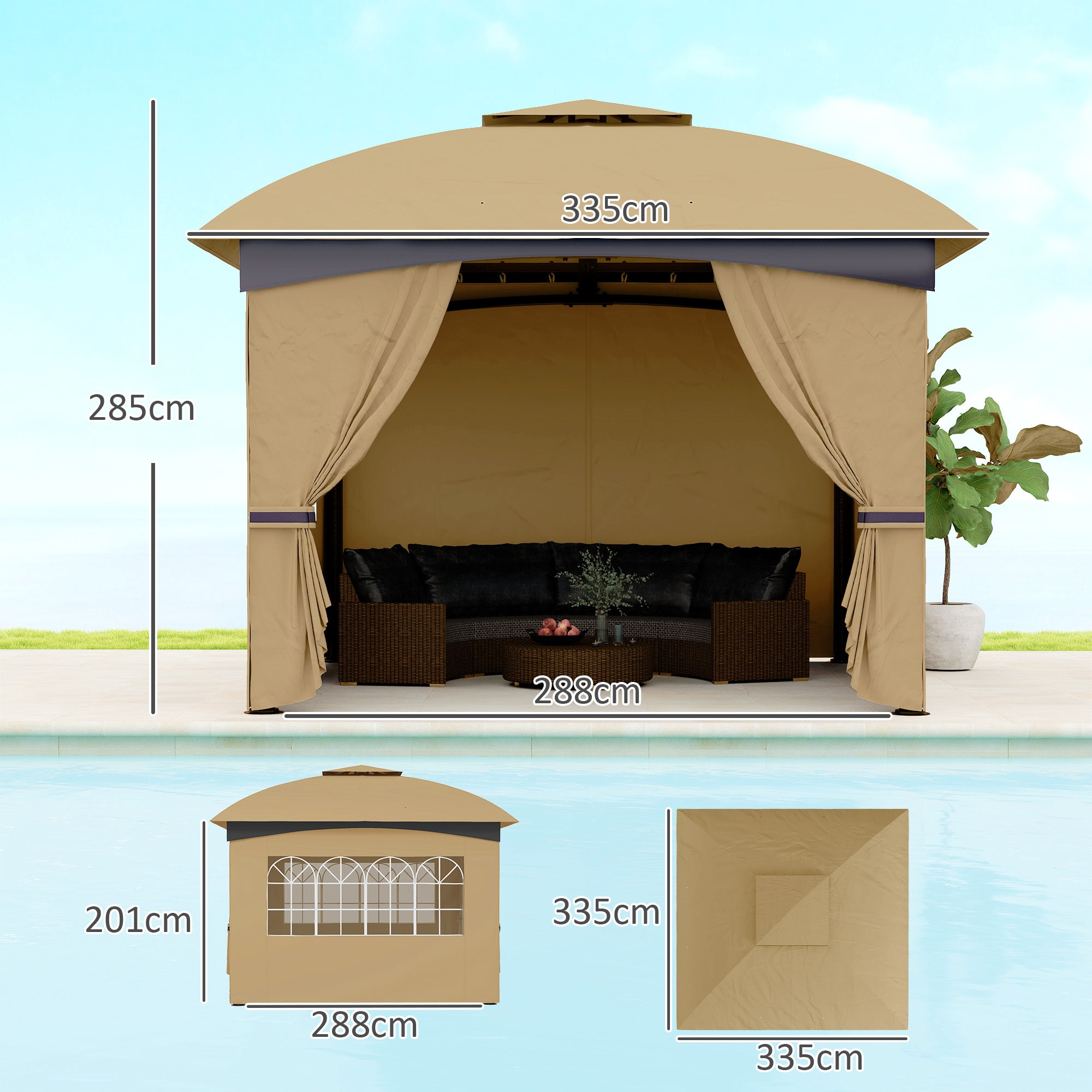 Outsunny Cenador para Jardín 3,4x3,4 m Pérgola de Jardín Gazebo con Doble Techo Paredes Laterales Anti-UV y Ventanas Carpa para Exterior Terraza Patio Beige
