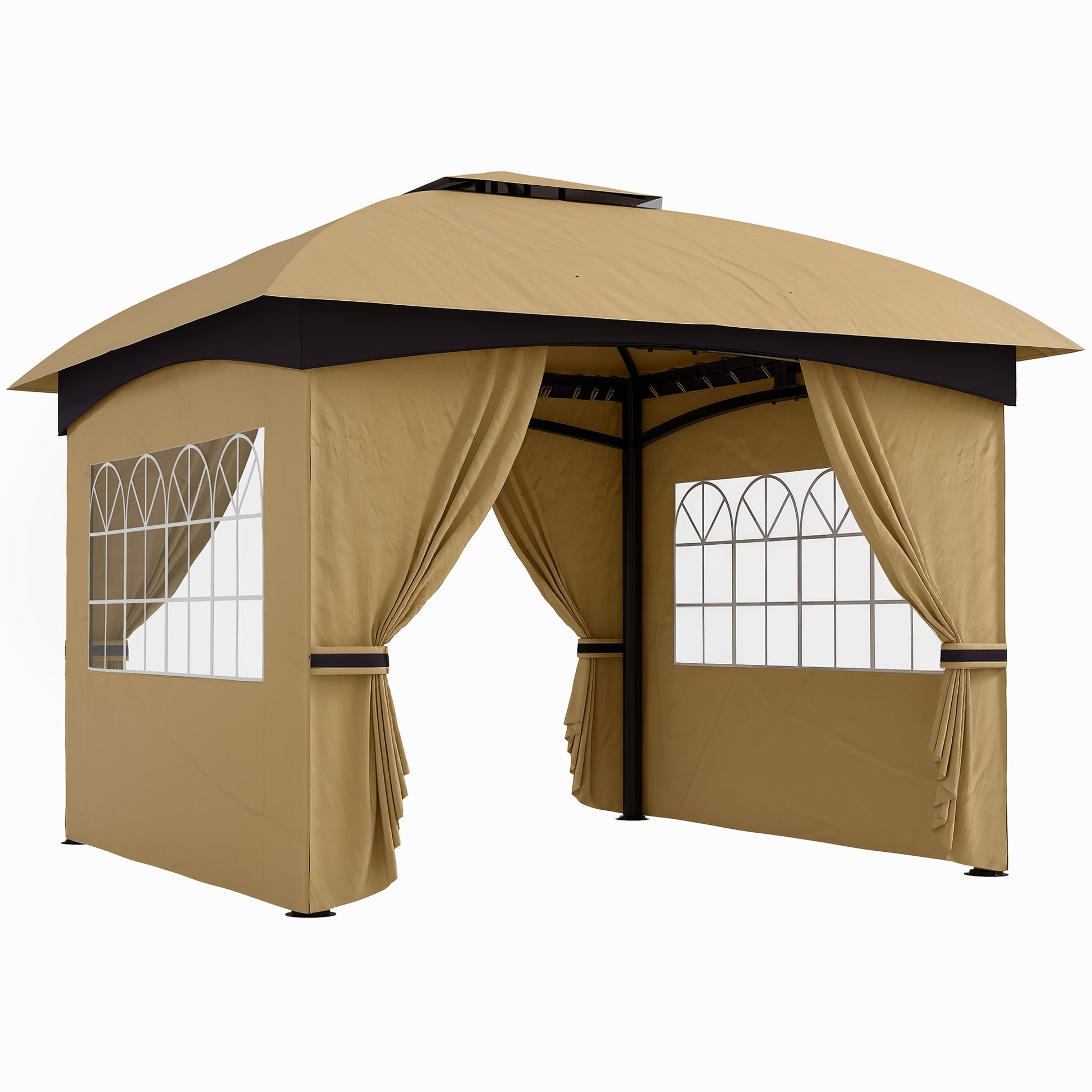 Outsunny Cenador para Jardín 3,4x3,4 m Pérgola de Jardín Gazebo con Doble Techo Paredes Laterales Anti-UV y Ventanas Carpa para Exterior Terraza Patio Beige