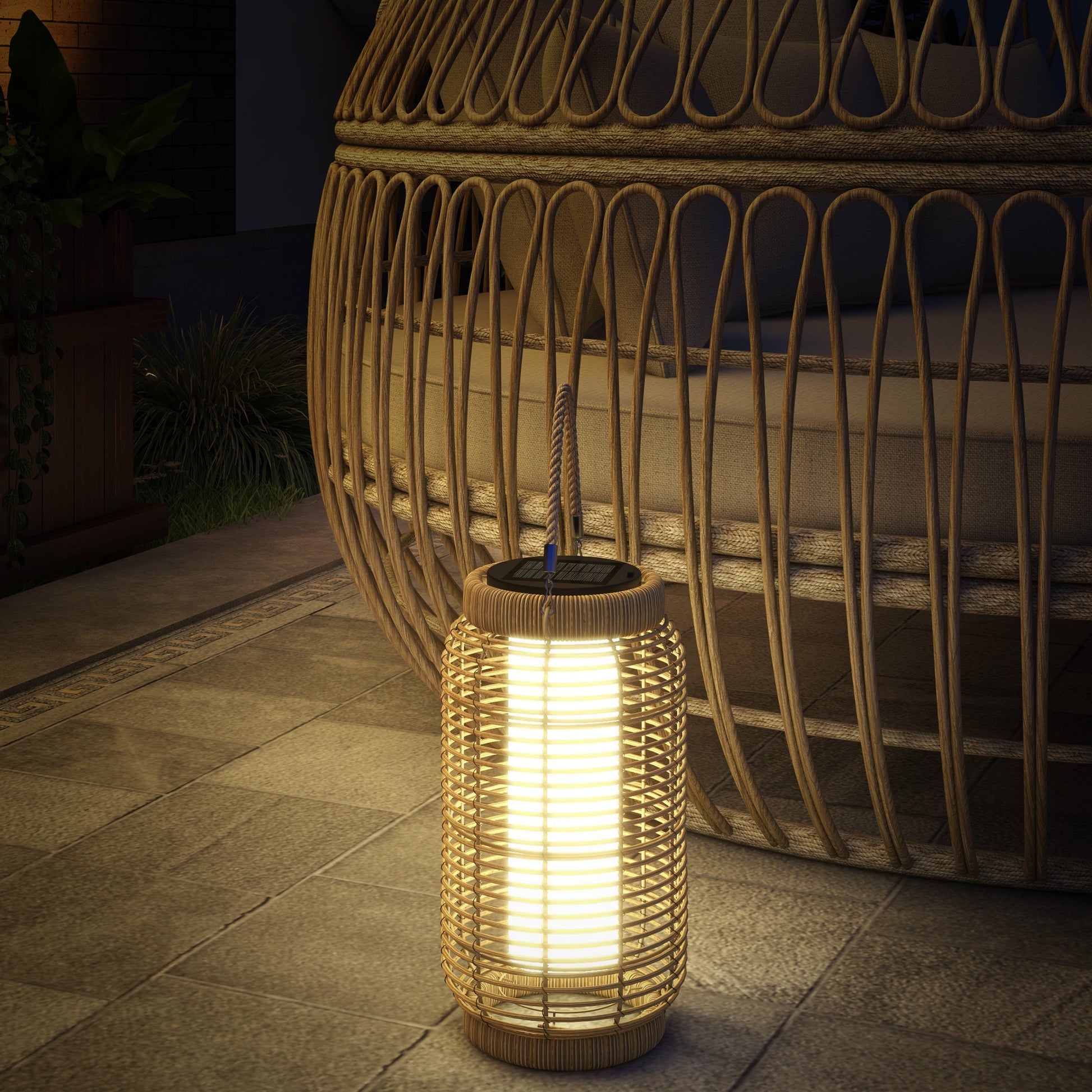 Outsunny Linterna de Jardín de Ratán Farola Solar de Exterior con Panel Solar Luces LED Encendido y Apagado Automático para Interior y Exterior Ø18x37 cm Arena