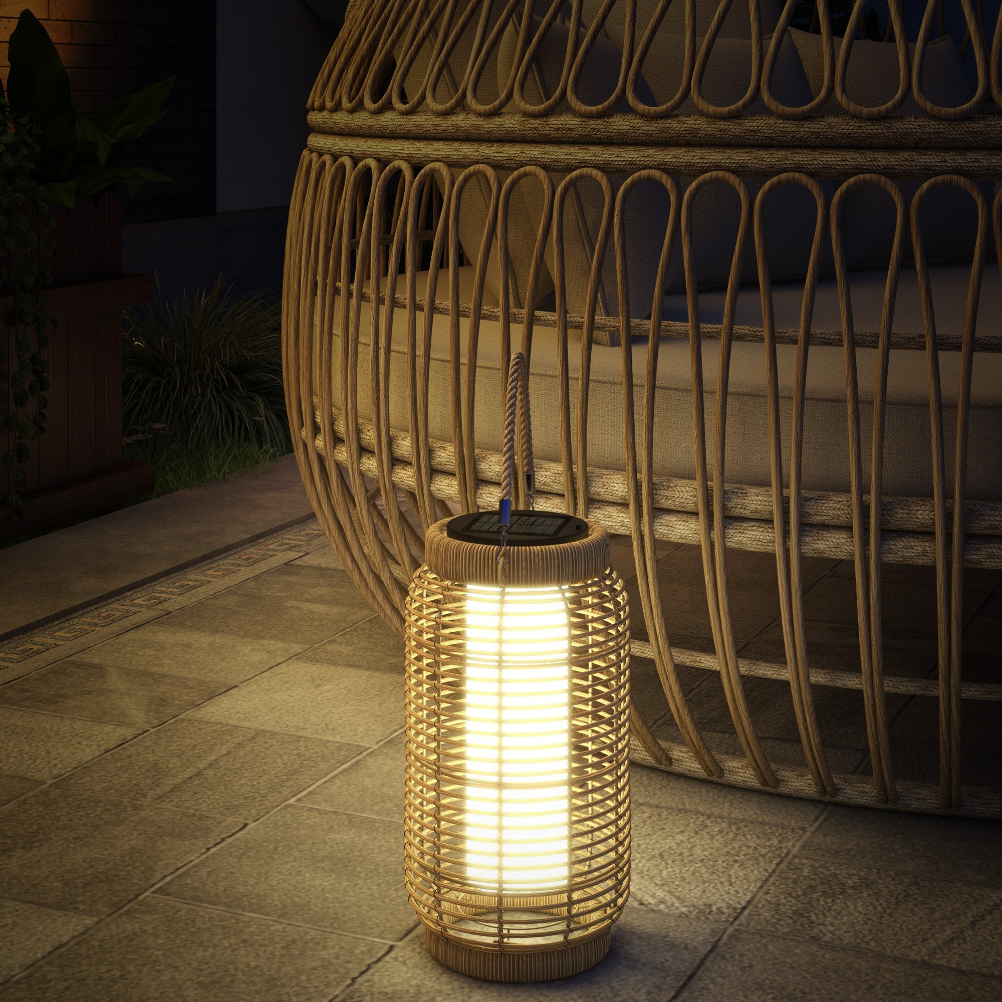 Outsunny Linterna de Jardín de Ratán Farola Solar de Exterior con Panel Solar Luces LED Encendido y Apagado Automático para Interior y Exterior Ø18x37 cm Arena