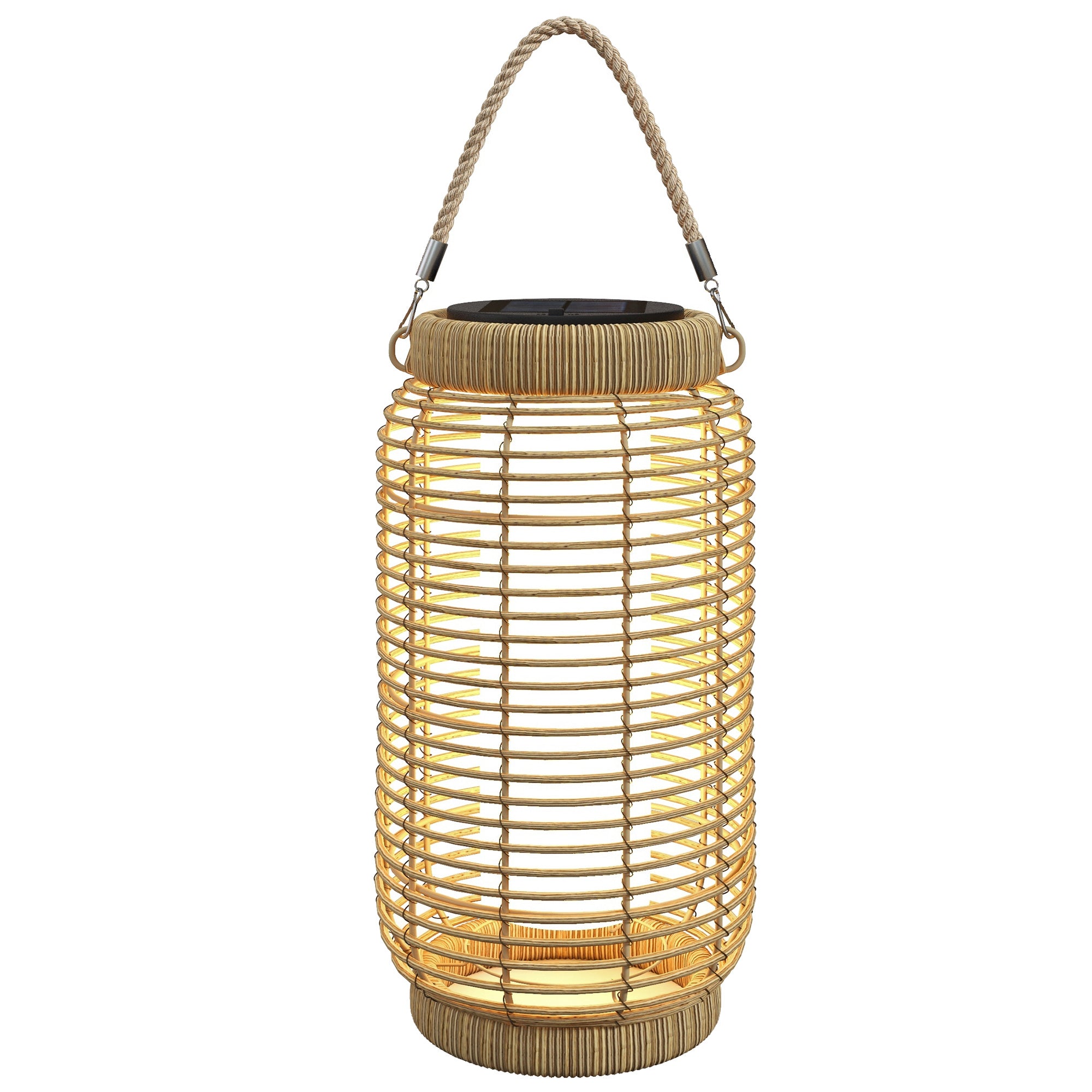 Outsunny Linterna de Jardín de Ratán Farola Solar de Exterior con Panel Solar Luces LED Encendido y Apagado Automático para Interior y Exterior Ø18x37 cm Arena