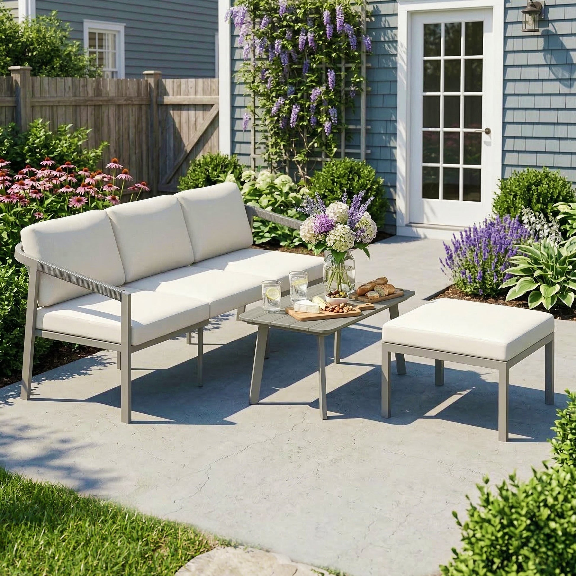 Outsunny Conjunto de Muebles Jardín Exterior de 3 Piezas Sofá Exterior Seccional Forma de L con Sofá de 3 Plazas Reposapiés Mesa Centro de Listones y Cojines de 10 cm para Terraza Patio Marrón y Beige