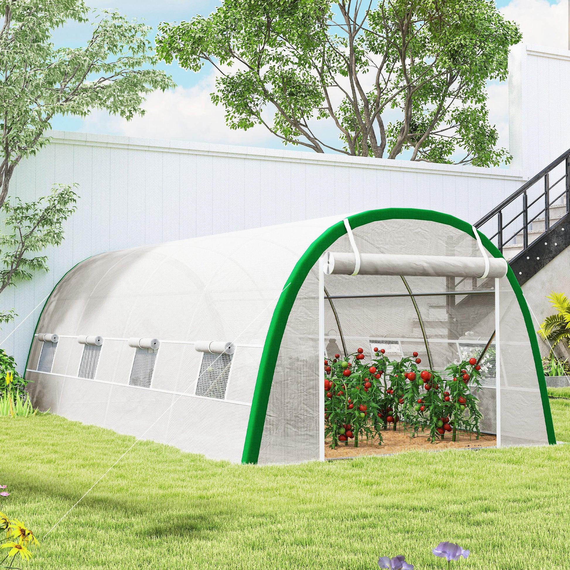 Outsunny Invernadero de Exterior 6x3x2 m, Invernadero de Túnel con Puerta Enrollable, 8 Ventanas de Malla, Cubierta PE 140g/m², Marco de Acero Galvanizado, Anti-UV, para Cultivos, Plantas, Blanco