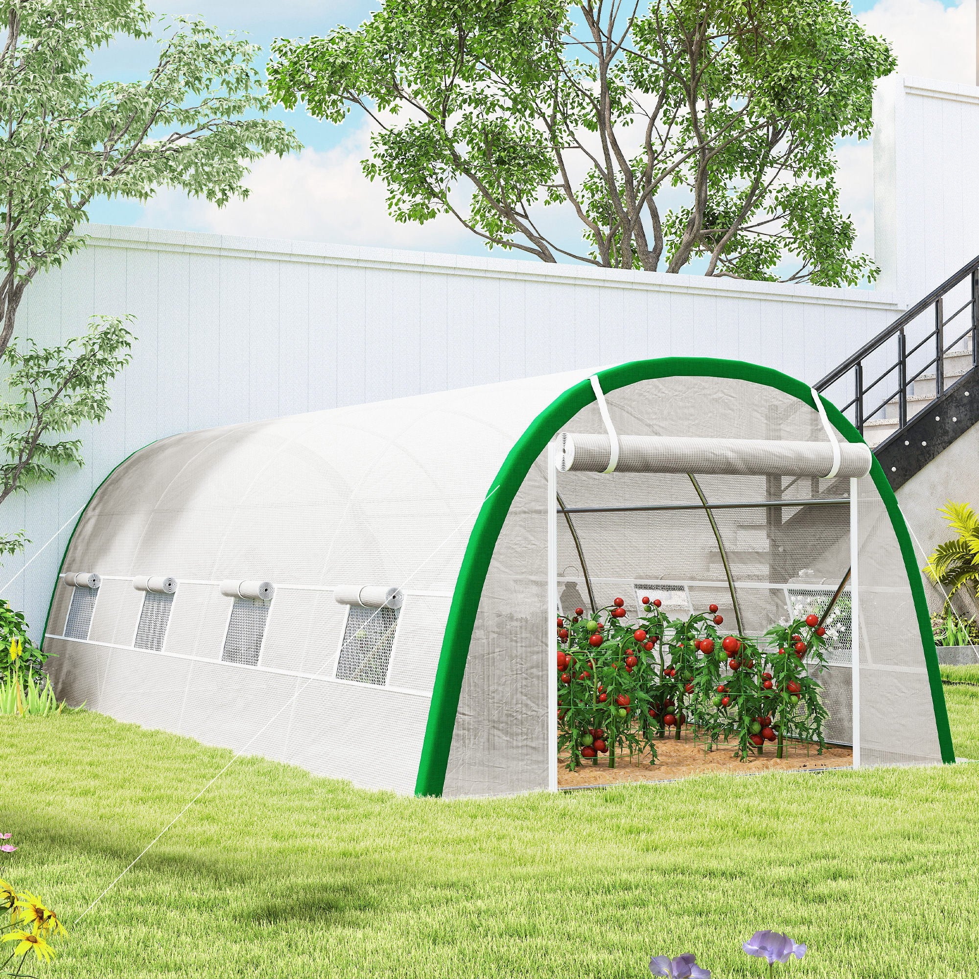 Outsunny Invernadero de Exterior 6x3x2 m, Invernadero de Túnel con Puerta Enrollable, 8 Ventanas de Malla, Cubierta PE 140g/m², Marco de Acero Galvanizado, Anti-UV, para Cultivos, Plantas, Blanco