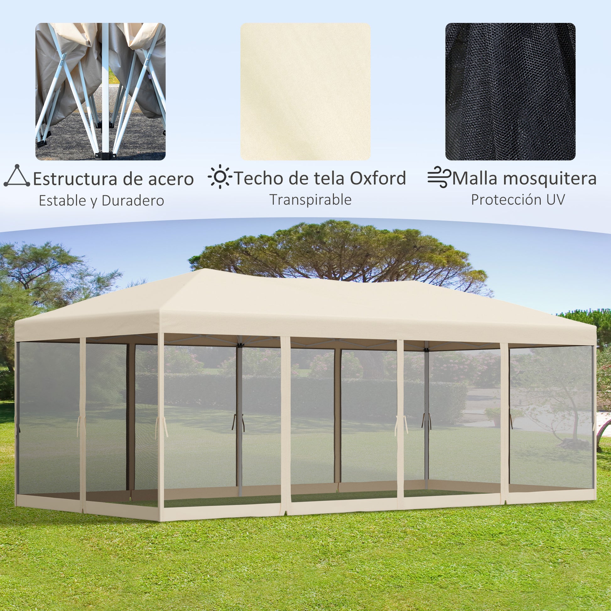 Outsunny Carpa Plegable 6x3 m Cenador para Jardín Gazebo con 6 Cortinas Mosquitera y Cremallera Bolsa de Transporte Impermeable para Exterior Crema