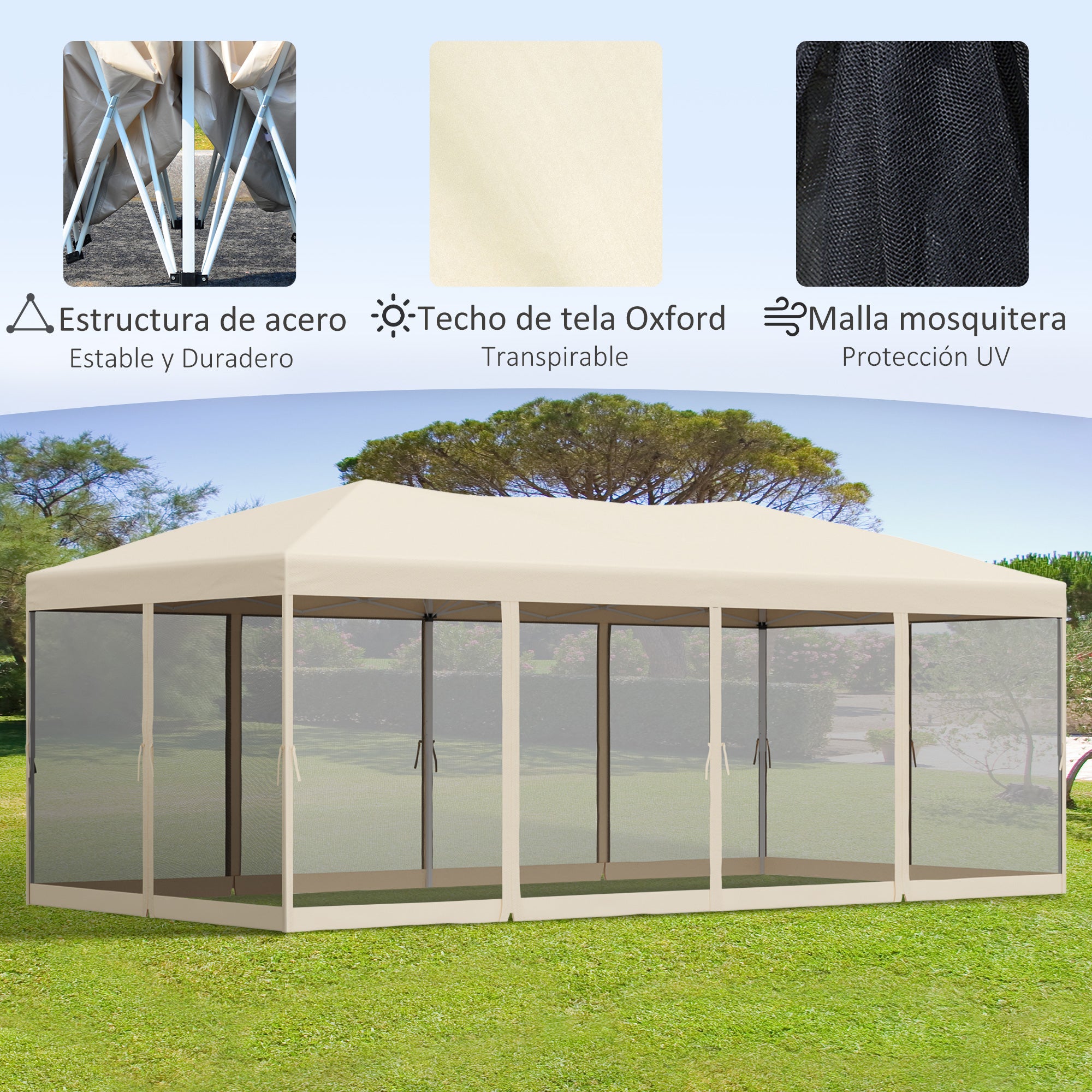 Outsunny Carpa Plegable 6x3 m Cenador para Jardín Gazebo con 6 Cortinas Mosquitera y Cremallera Bolsa de Transporte Impermeable para Exterior Crema