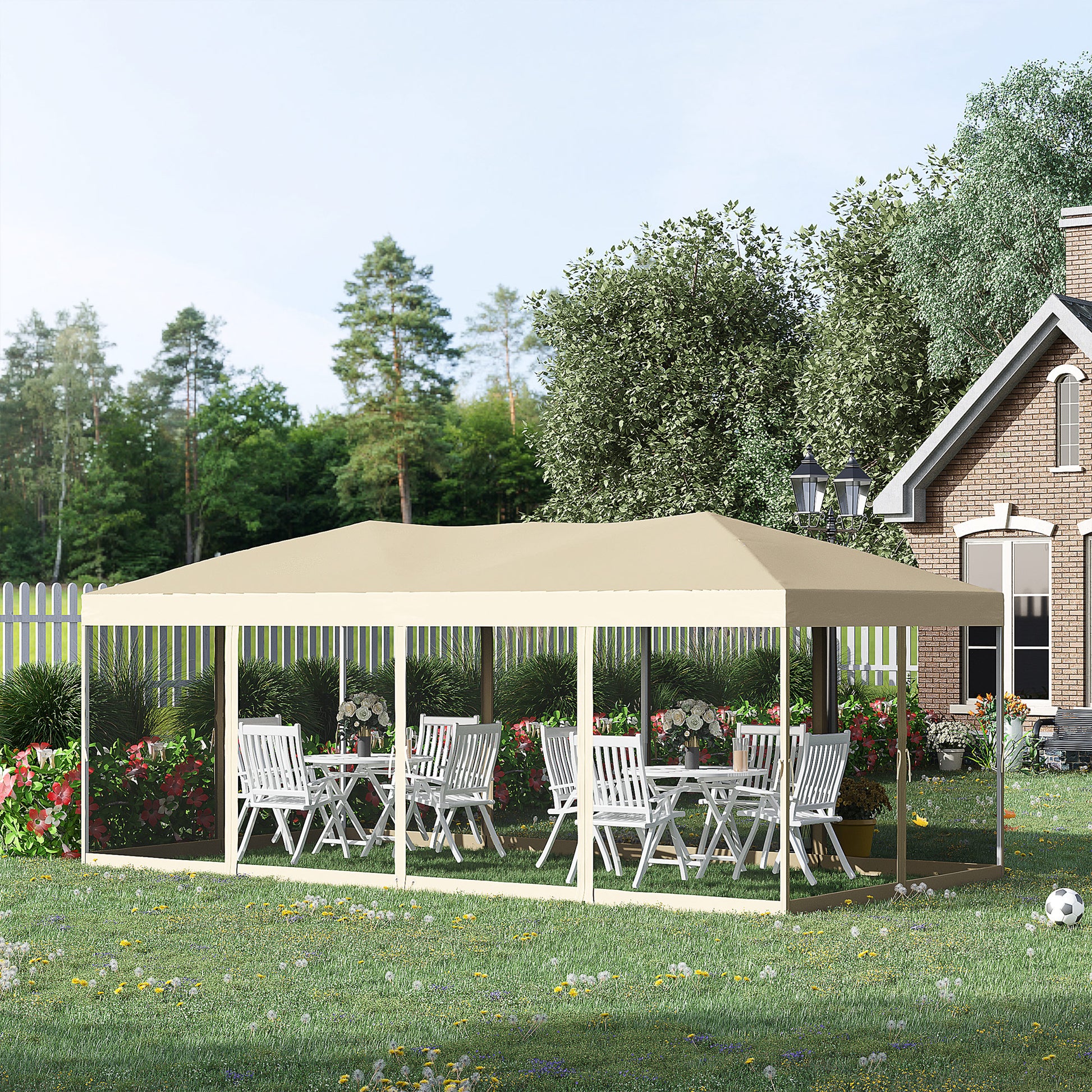 Outsunny Carpa Plegable 6x3 m Cenador para Jardín Gazebo con 6 Cortinas Mosquitera y Cremallera Bolsa de Transporte Impermeable para Exterior Crema