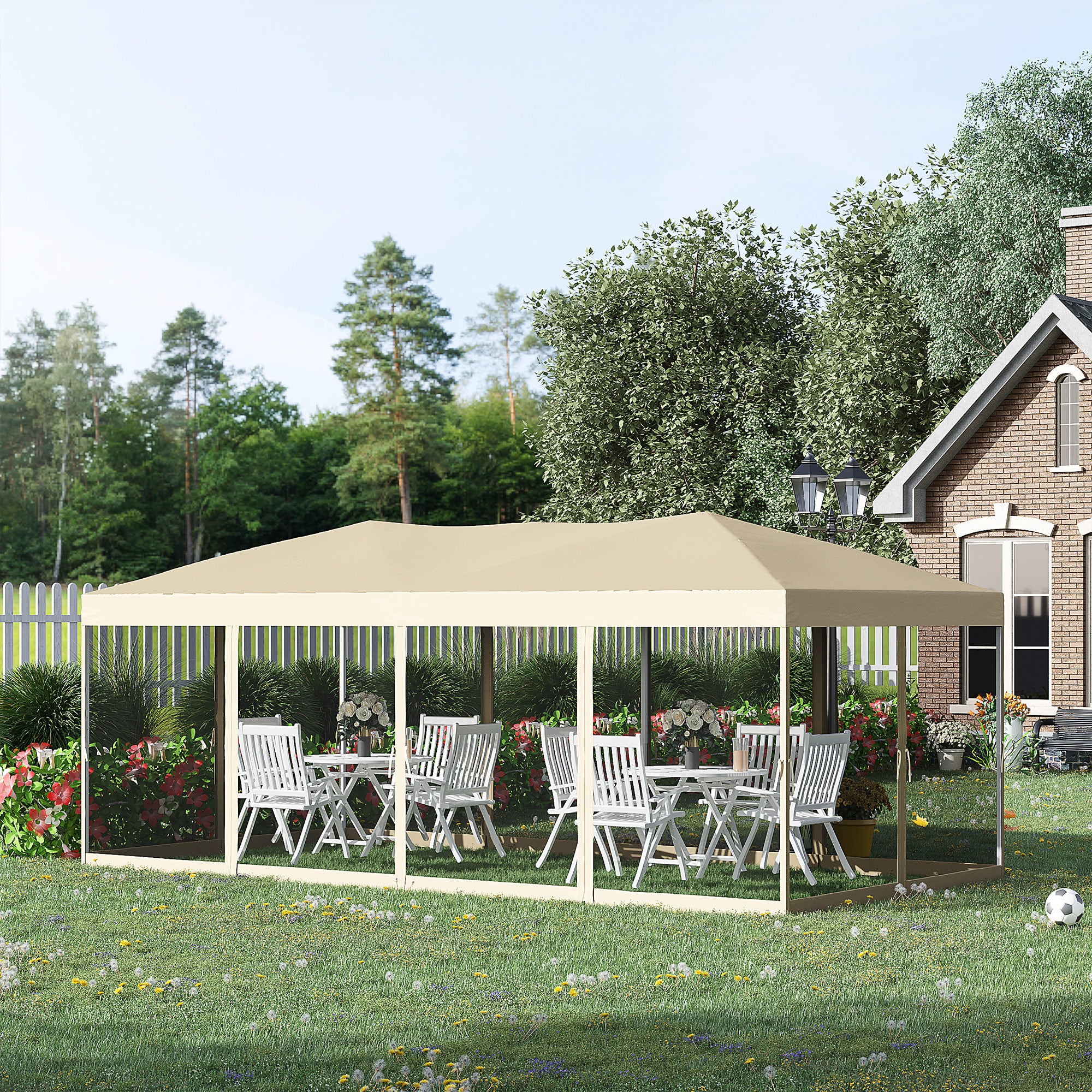 Outsunny Carpa Plegable 6x3 m Cenador para Jardín Gazebo con 6 Cortinas Mosquitera y Cremallera Bolsa de Transporte Impermeable para Exterior Crema