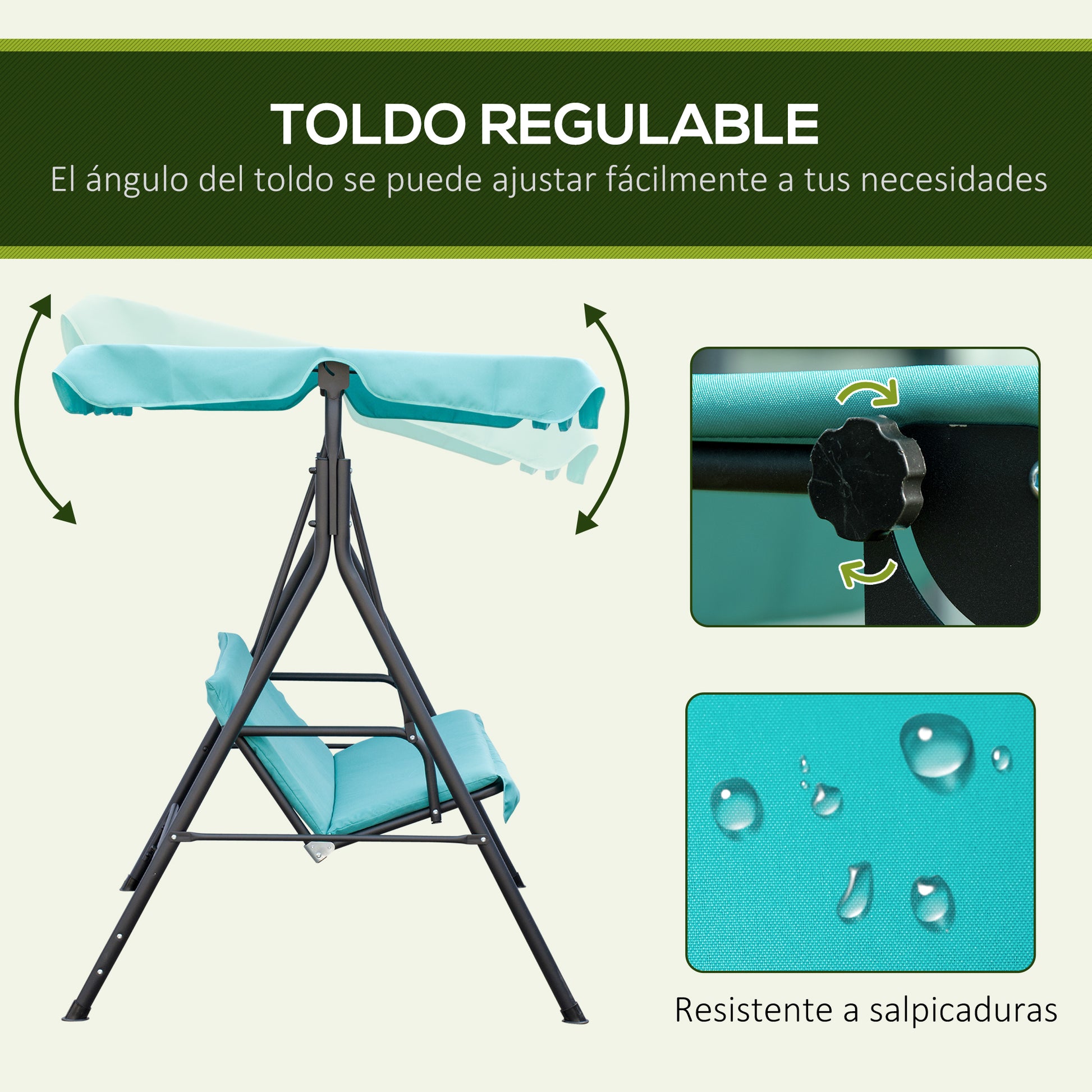 Outsunny Columpio de Jardín Exterior de 3 Plazas, Balancín de Jardín Exterior con Techo Ajustable y Marco de Acero, para Balcón, Terraza, Patio, Carga 240 kg, 172x110x153 cm, Verde Azulado