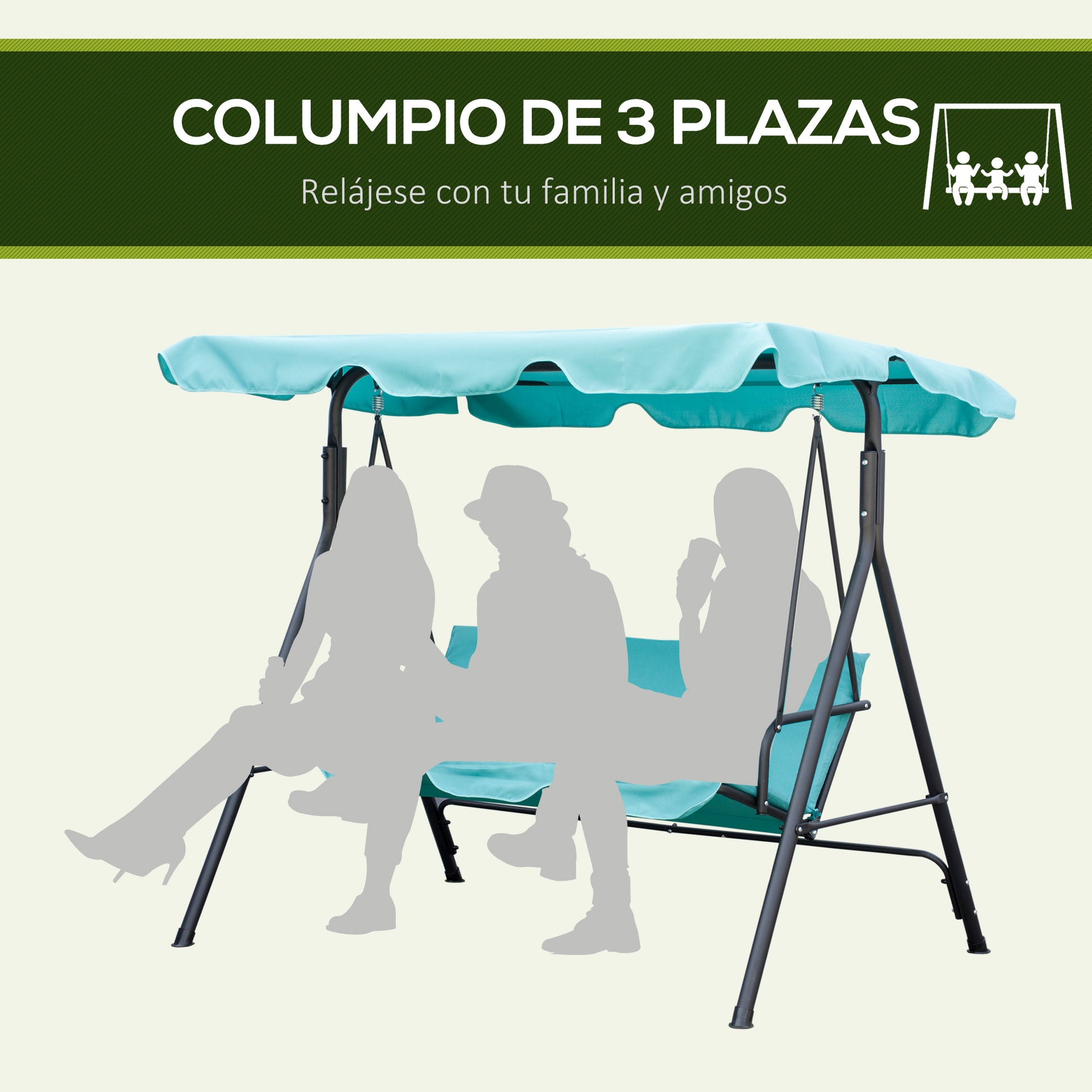 Outsunny Columpio de Jardín Exterior de 3 Plazas, Balancín de Jardín Exterior con Techo Ajustable y Marco de Acero, para Balcón, Terraza, Patio, Carga 240 kg, 172x110x153 cm, Verde Azulado