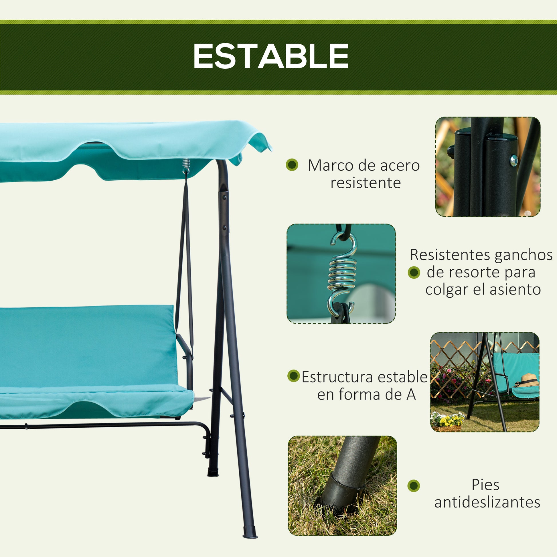 Outsunny Columpio de Jardín Exterior de 3 Plazas, Balancín de Jardín Exterior con Techo Ajustable y Marco de Acero, para Balcón, Terraza, Patio, Carga 240 kg, 172x110x153 cm, Verde Azulado