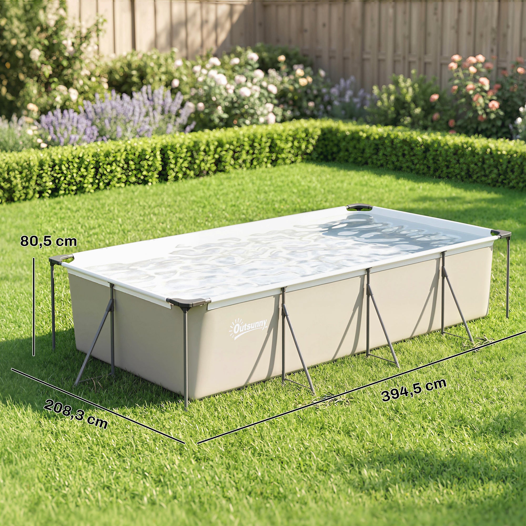Outsunny Piscina Desmontable Tubular 394,5x208,3x80,5 cm 6075 L, Piscina Rectangular con Marco Metálico Estable, Parche Reparación, Bomba Filtro No Incluida para 4-6 Personas, Jardín, Exterior, Gris