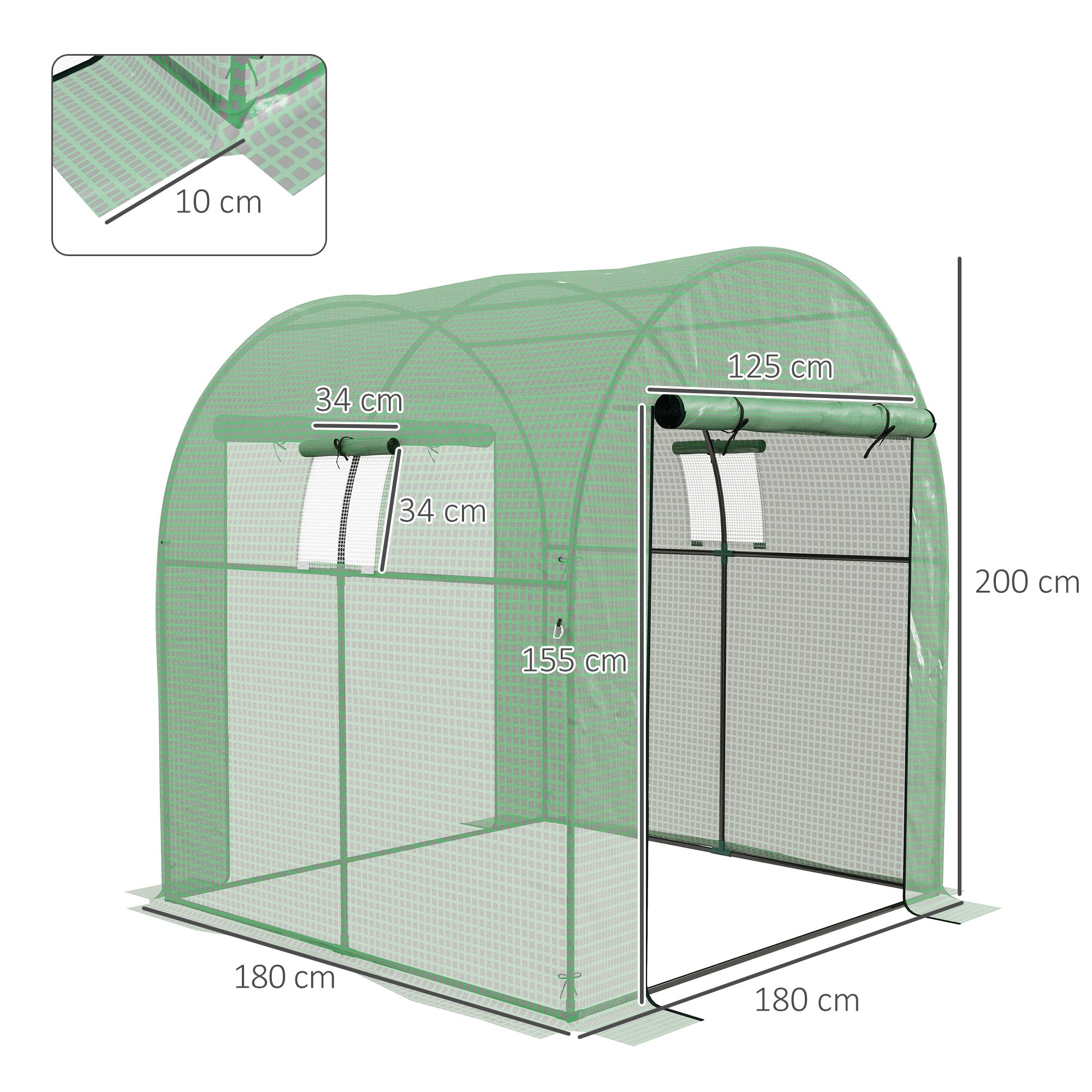 Outsunny Invernadero de Exterior, Invernadero de Túnel con 2 Puertas Enrollables, 2 Ventanas de Malla, Cubierta PE 135g/m², Anti-UV, Marco de Acero, para Cultivos, Plantas, 180x180x200 cm, Verde