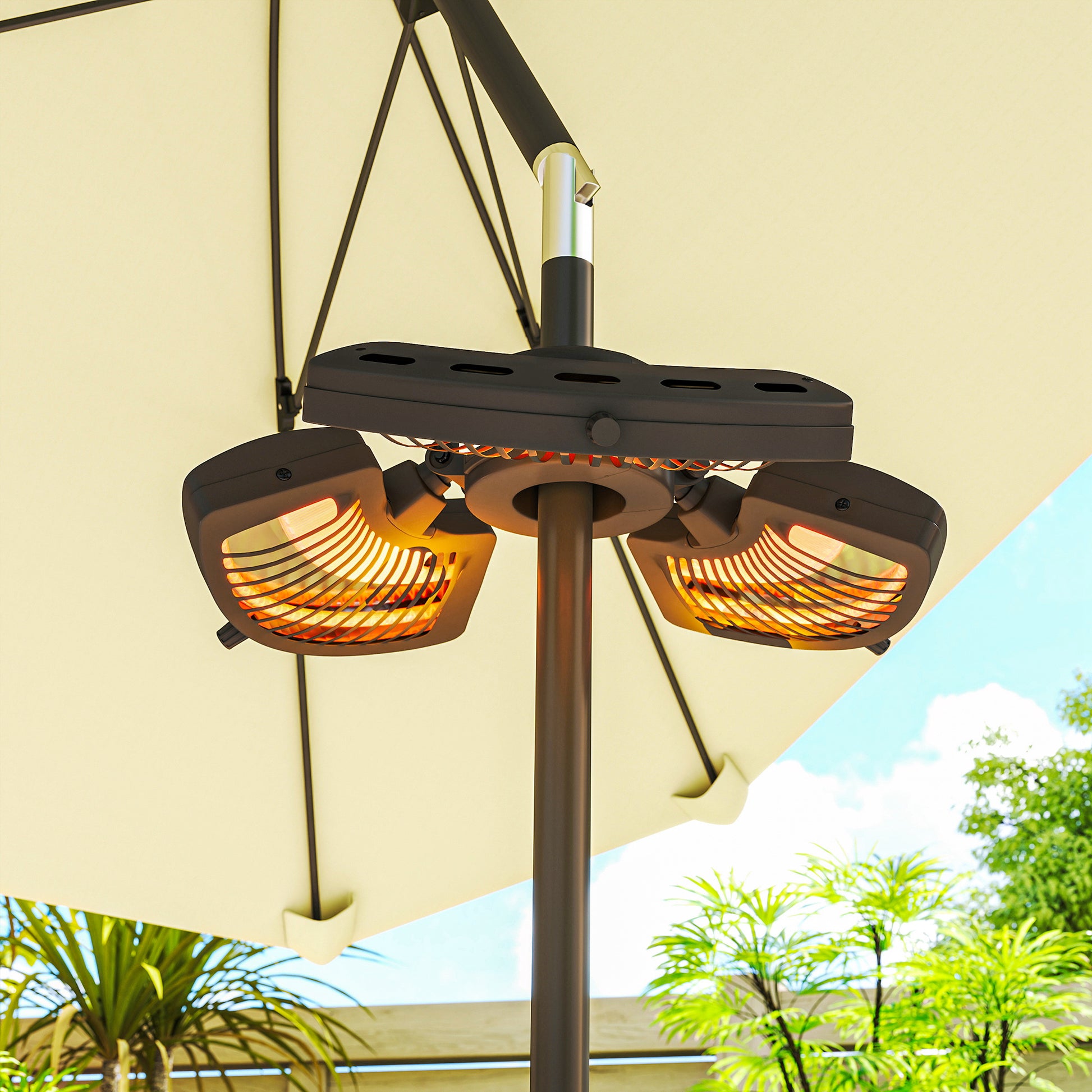 Outsunny Calefactor por Infrarrojos para Parasol, 800/1600/2400W, Estufa Exterior Eléctrica de Aluminio con 3 Niveles de Calentamiento, Protección Antivuelco, IP44, para Terraza, Patio y Jardín, Negro
