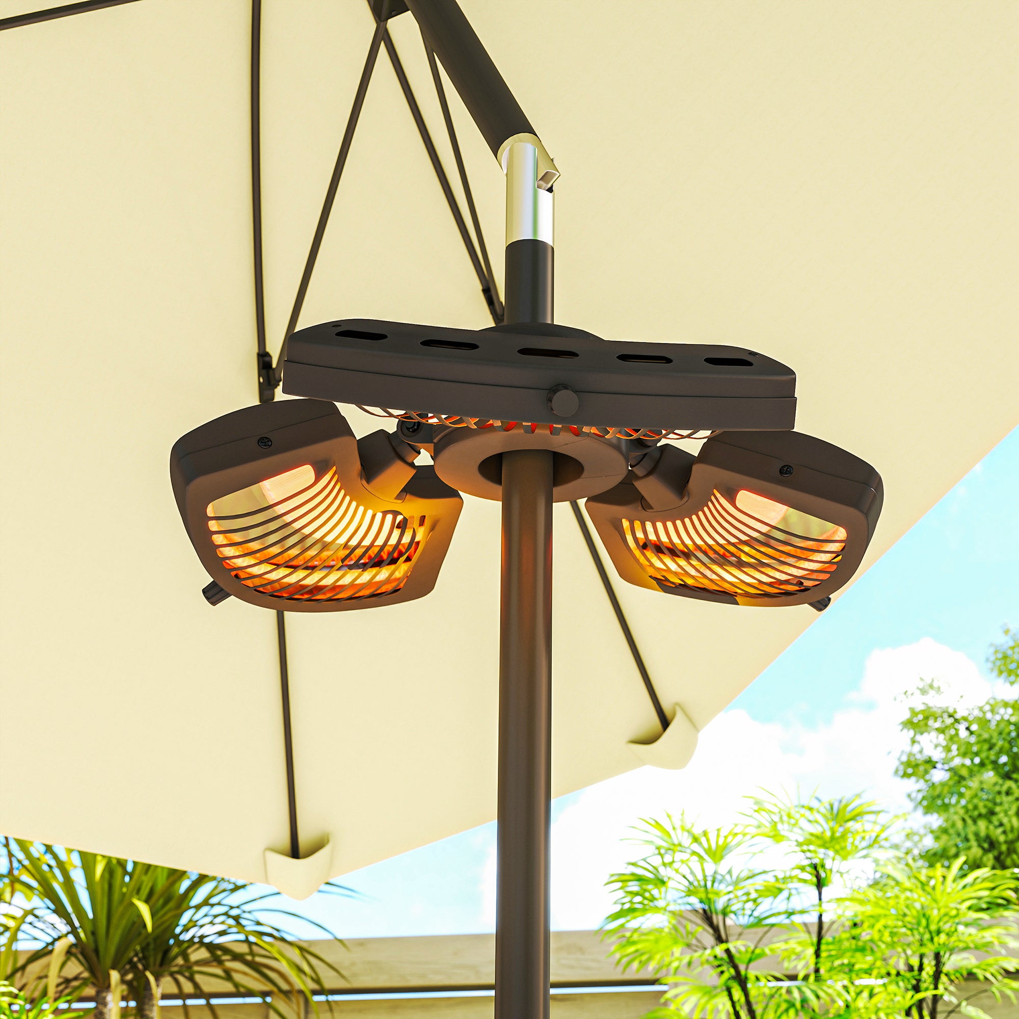 Outsunny Calefactor por Infrarrojos para Parasol, 800/1600/2400W, Estufa Exterior Eléctrica de Aluminio con 3 Niveles de Calentamiento, Protección Antivuelco, IP44, para Terraza, Patio y Jardín, Negro