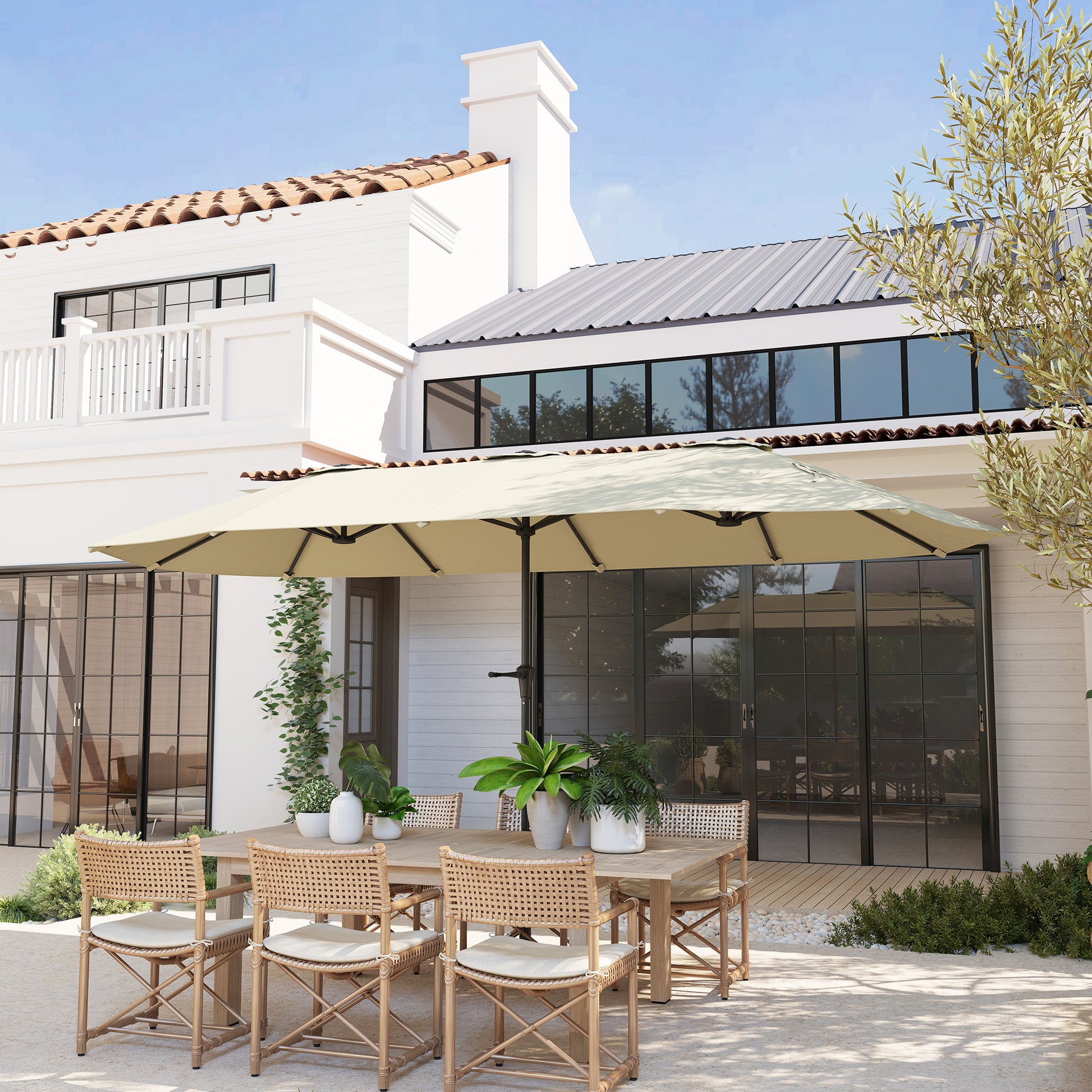 Outsunny Sombrilla Doble 4x2,2 m Sombrilla Terraza Exterior con Manivela Manual Impermeable y Protección UV30+ Parasol Grande para Terraza Playa Piscina Crema