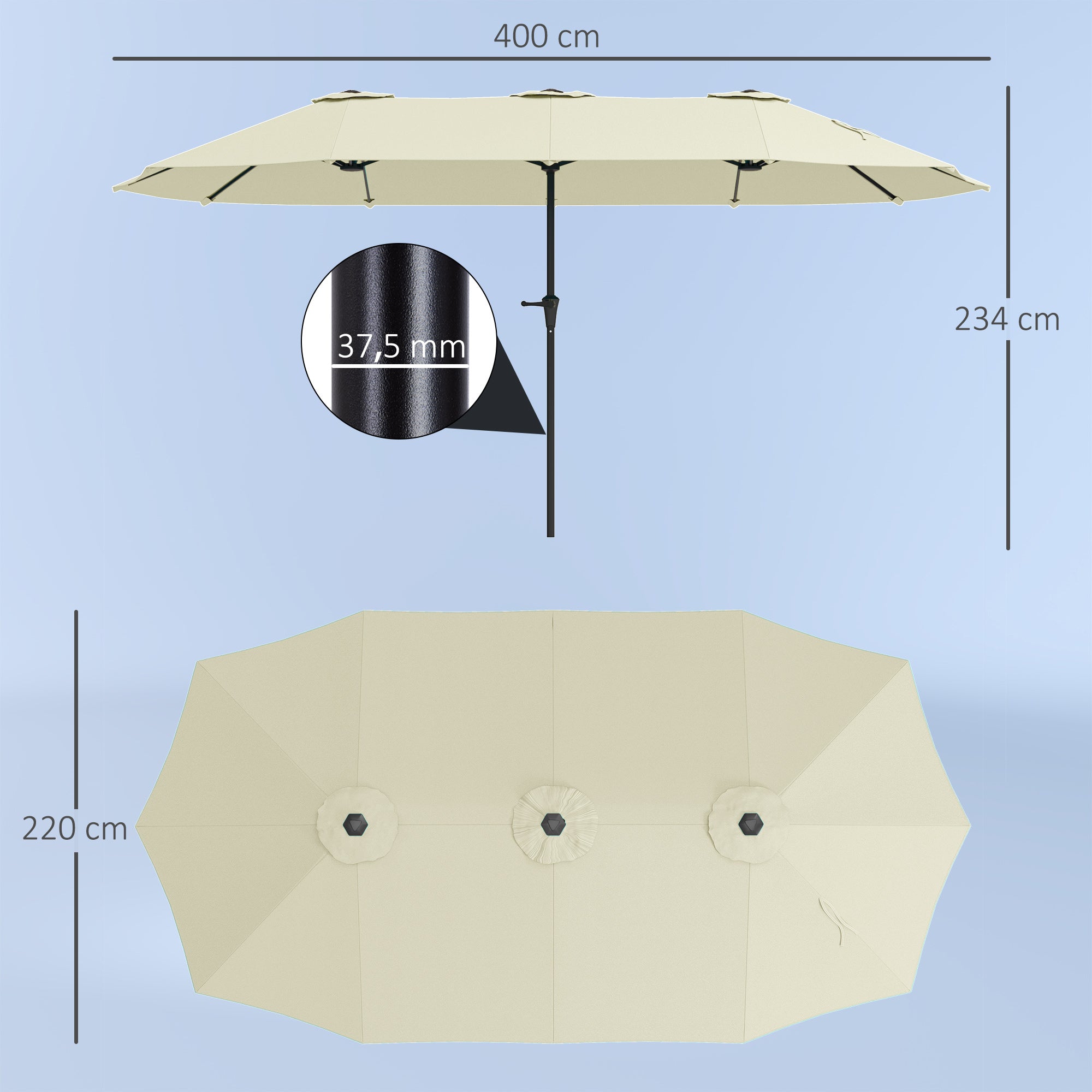 Outsunny Sombrilla Doble 4x2,2 m Sombrilla Terraza Exterior con Manivela Manual Impermeable y Protección UV30+ Parasol Grande para Terraza Playa Piscina Crema