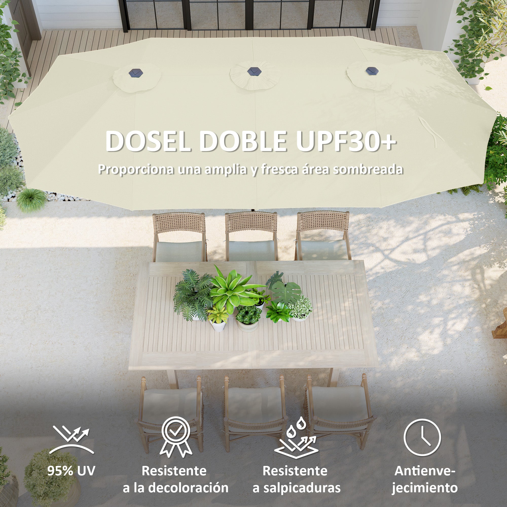 Outsunny Sombrilla Doble 4x2,2 m Sombrilla Terraza Exterior con Manivela Manual Impermeable y Protección UV30+ Parasol Grande para Terraza Playa Piscina Crema