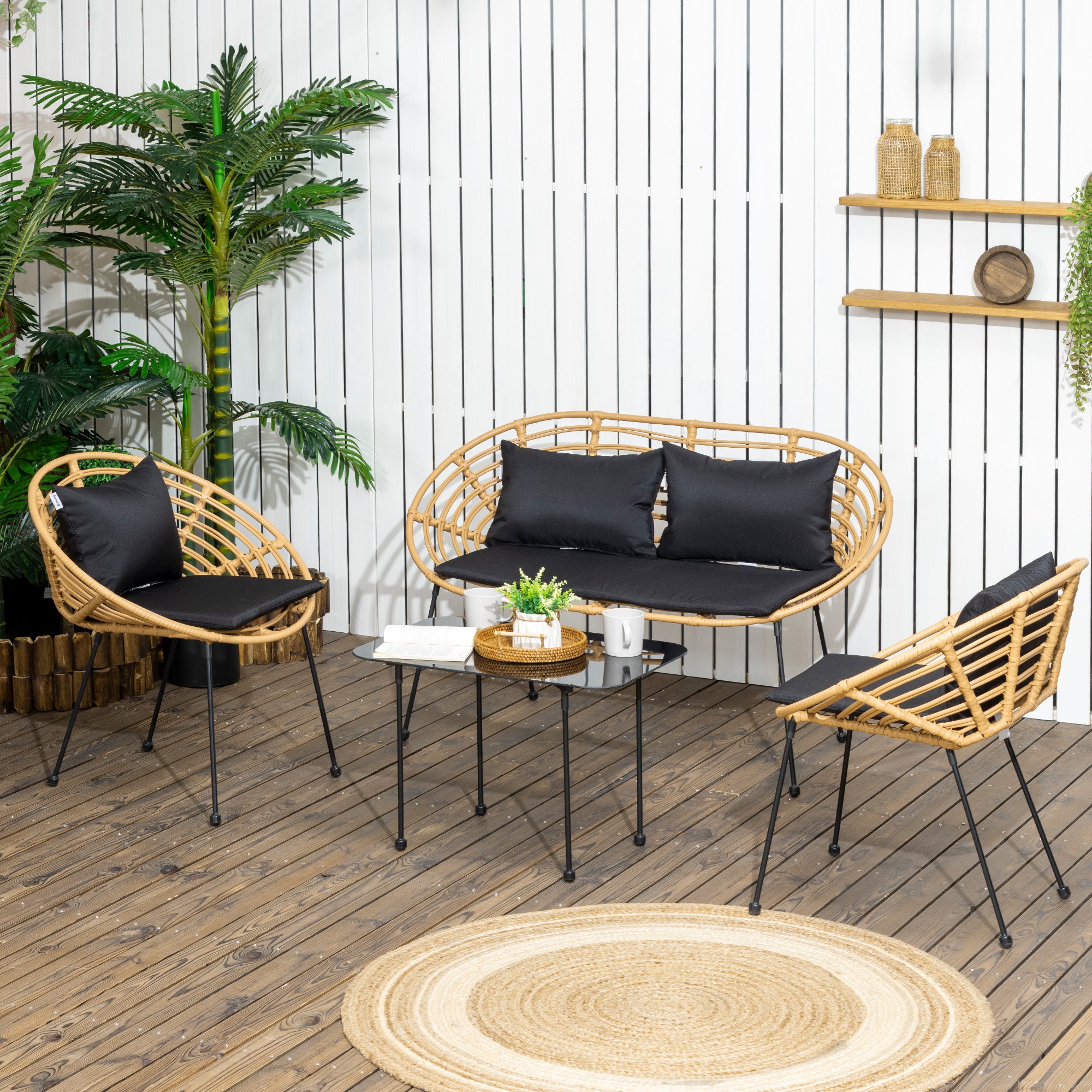 Outsunny Conjunto de Jardín Exterior de Ratán Sintético de 4 Piezas Muebles de Jardín Exterior Incluye 1 Sofá Doble 2 Sillones y Mesa de Vidrio con Cojines Natural y Negro