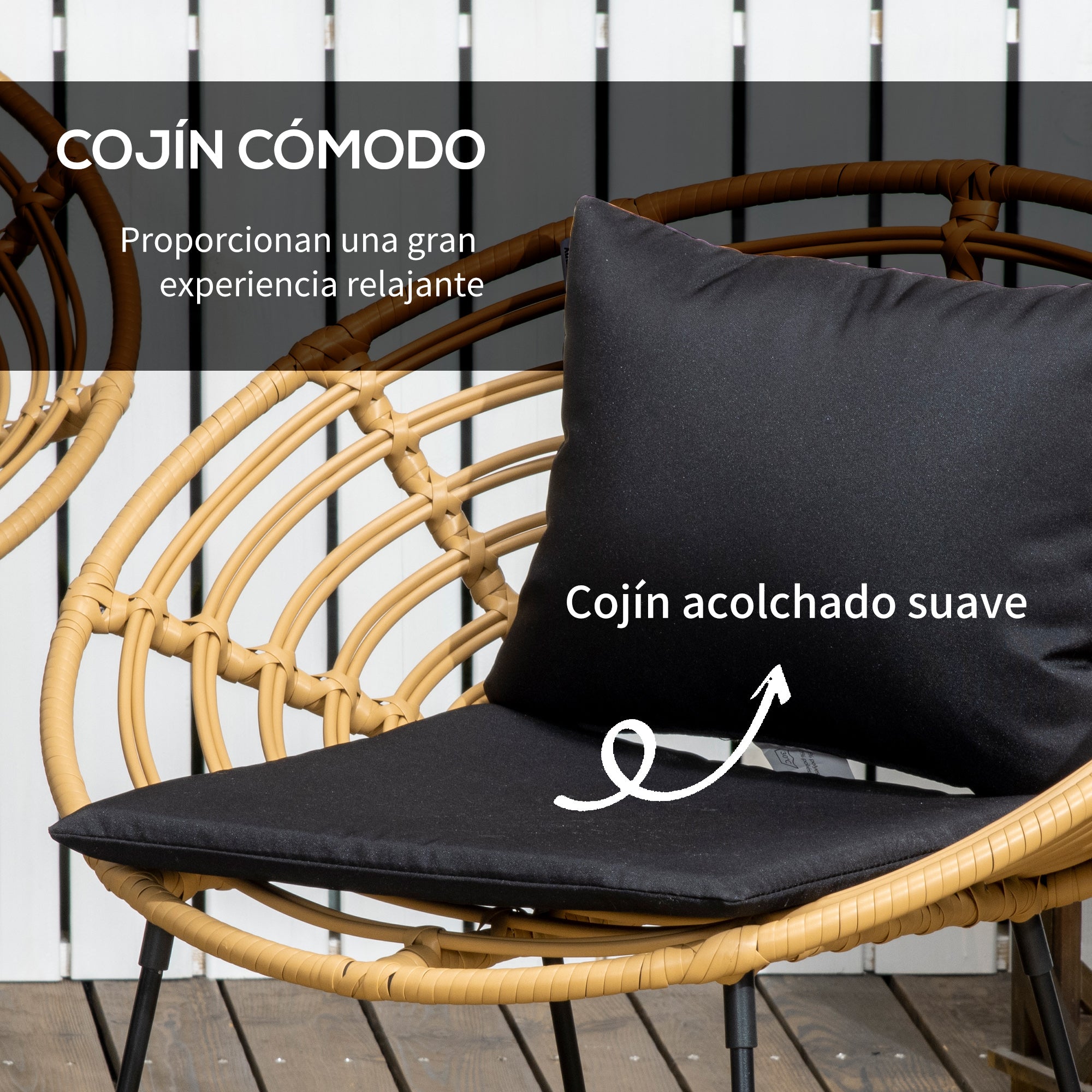 Outsunny Conjunto de Jardín Exterior de Ratán Sintético de 4 Piezas Muebles de Jardín Exterior Incluye 1 Sofá Doble 2 Sillones y Mesa de Vidrio con Cojines Natural y Negro
